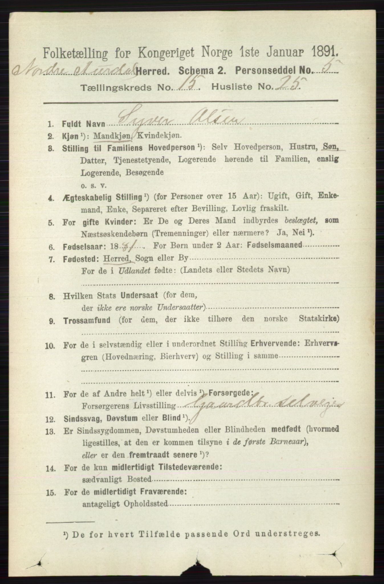 RA, 1891 census for 0542 Nord-Aurdal, 1891, p. 5872