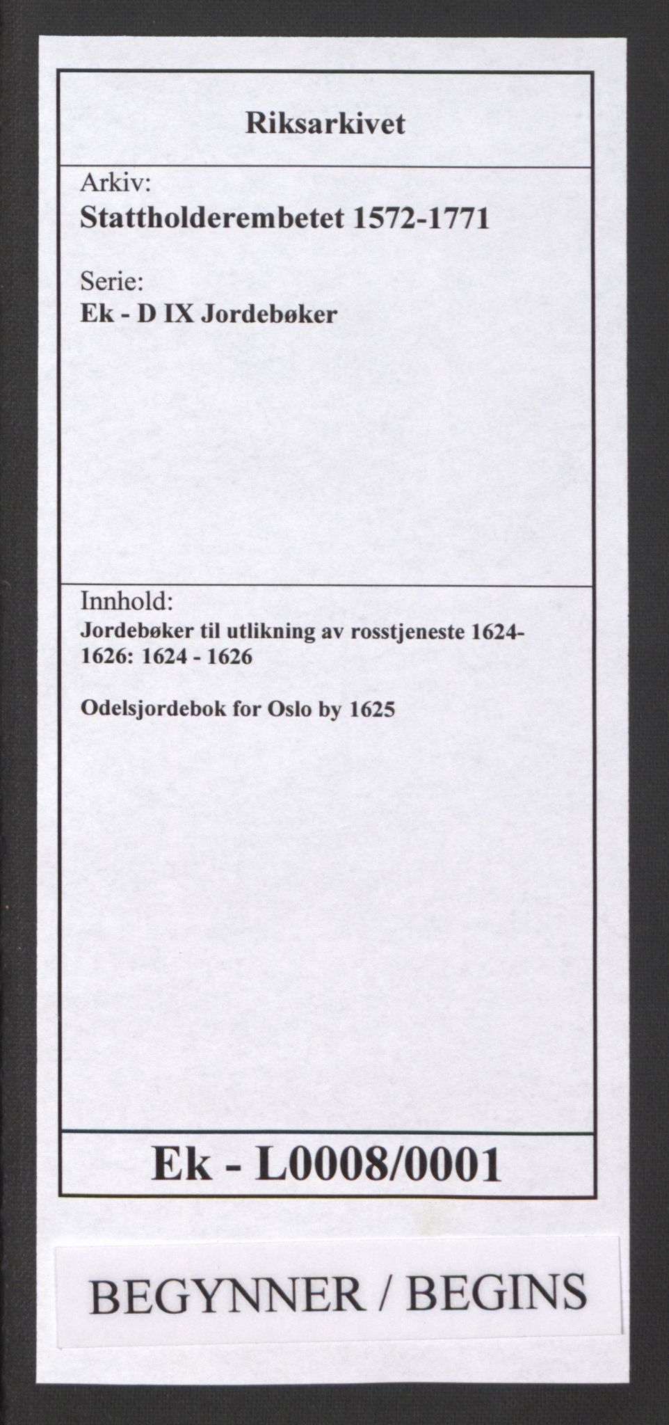 Stattholderembetet 1572-1771, AV/RA-EA-2870/Ek/L0008/0001: Jordebøker til utlikning av rosstjeneste 1624-1626: / Odelsjordebok for Oslo by, 1625, p. 1