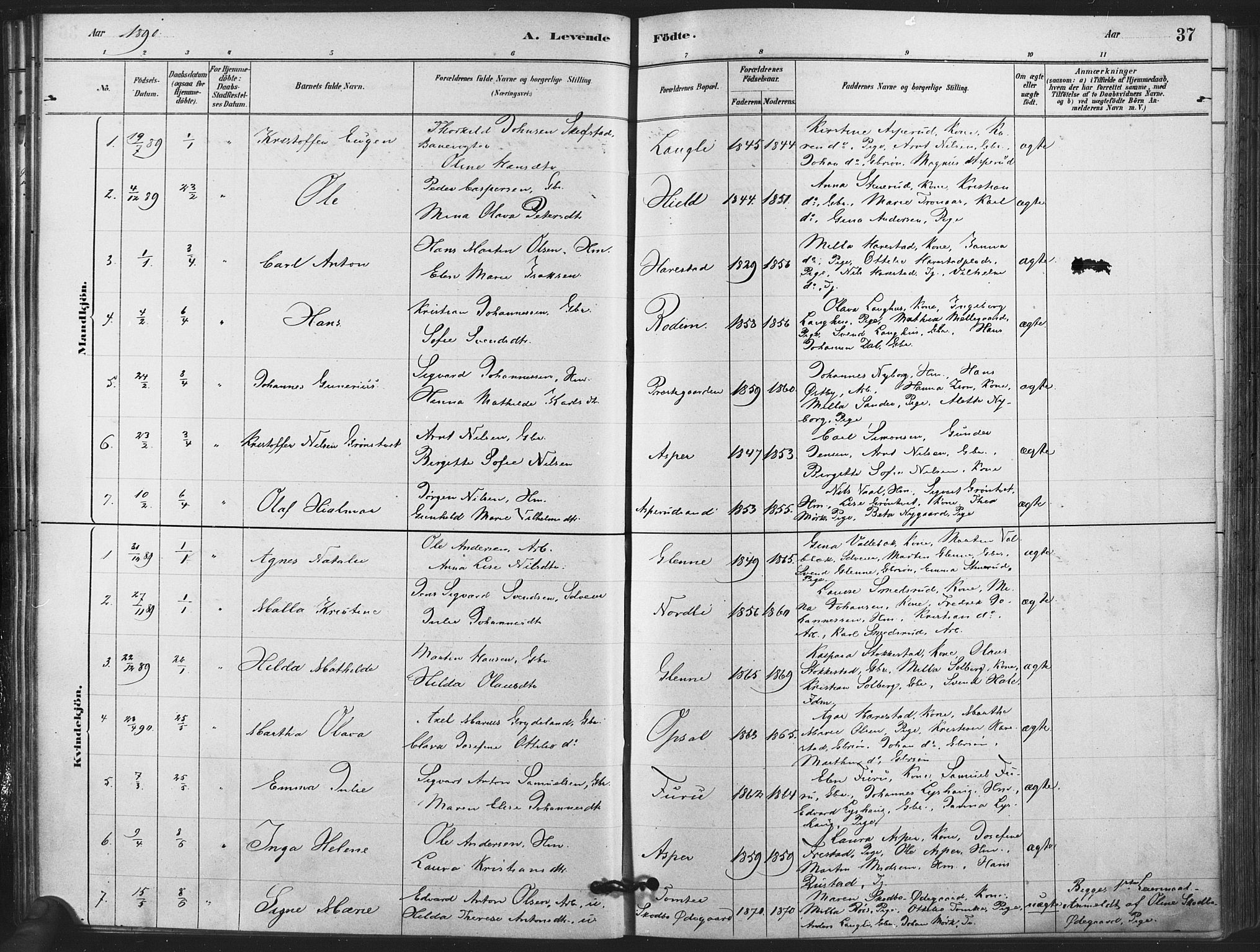 Kråkstad prestekontor Kirkebøker, AV/SAO-A-10125a/F/Fa/L0009: Parish register (official) no. I 9, 1880-1892, p. 37