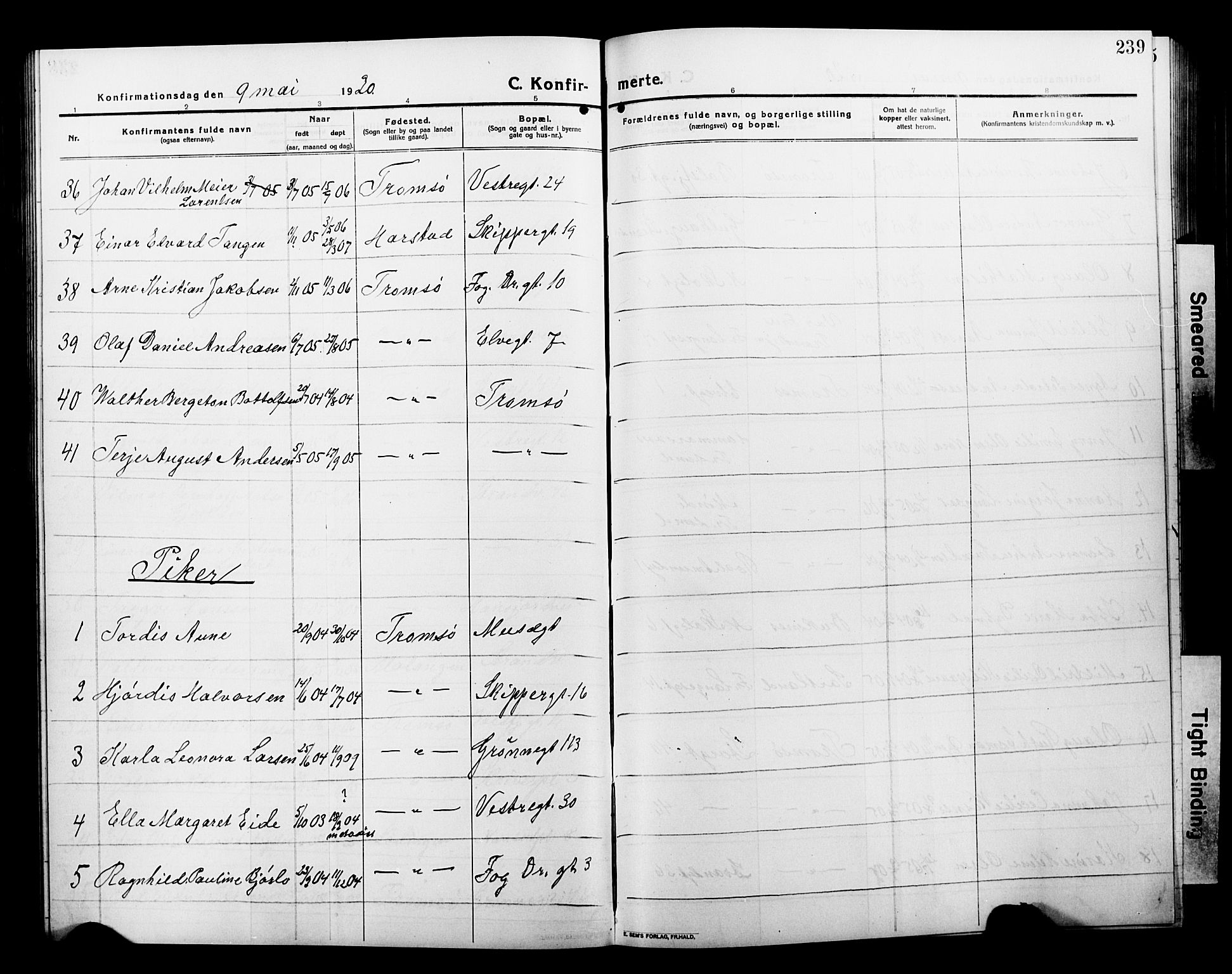 Tromsø sokneprestkontor/stiftsprosti/domprosti, AV/SATØ-S-1343/G/Gb/L0009klokker: Parish register (copy) no. 9, 1915-1925, p. 239