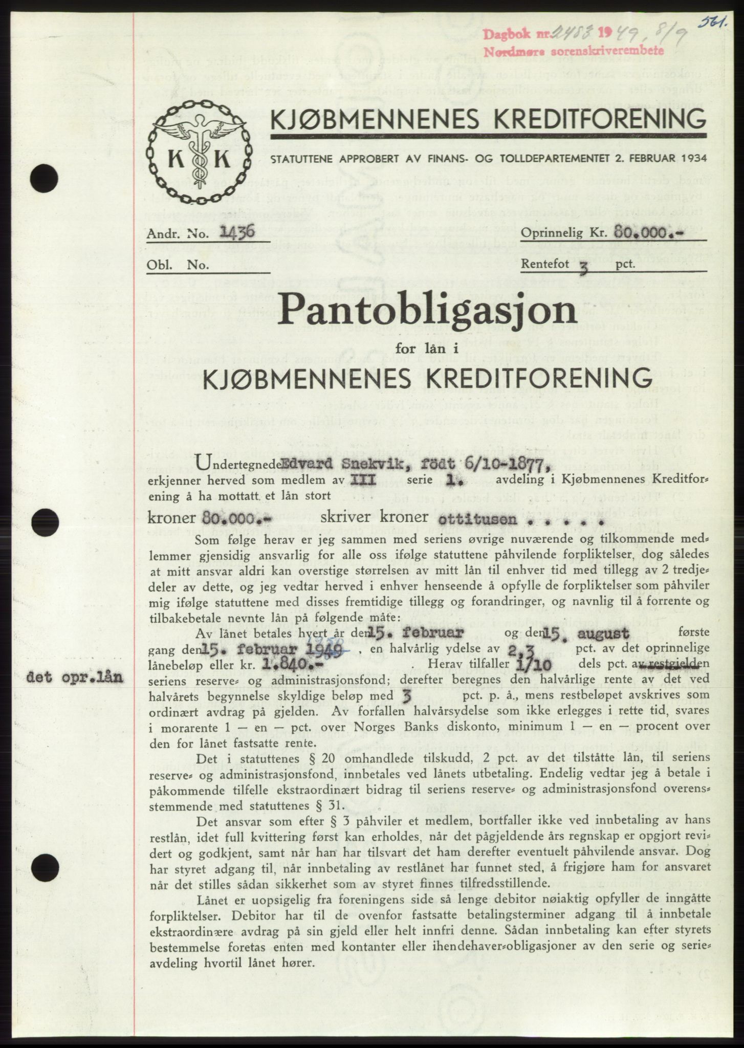 Nordmøre sorenskriveri, AV/SAT-A-4132/1/2/2Ca: Mortgage book no. B102, 1949-1949, Diary no: : 2483/1949