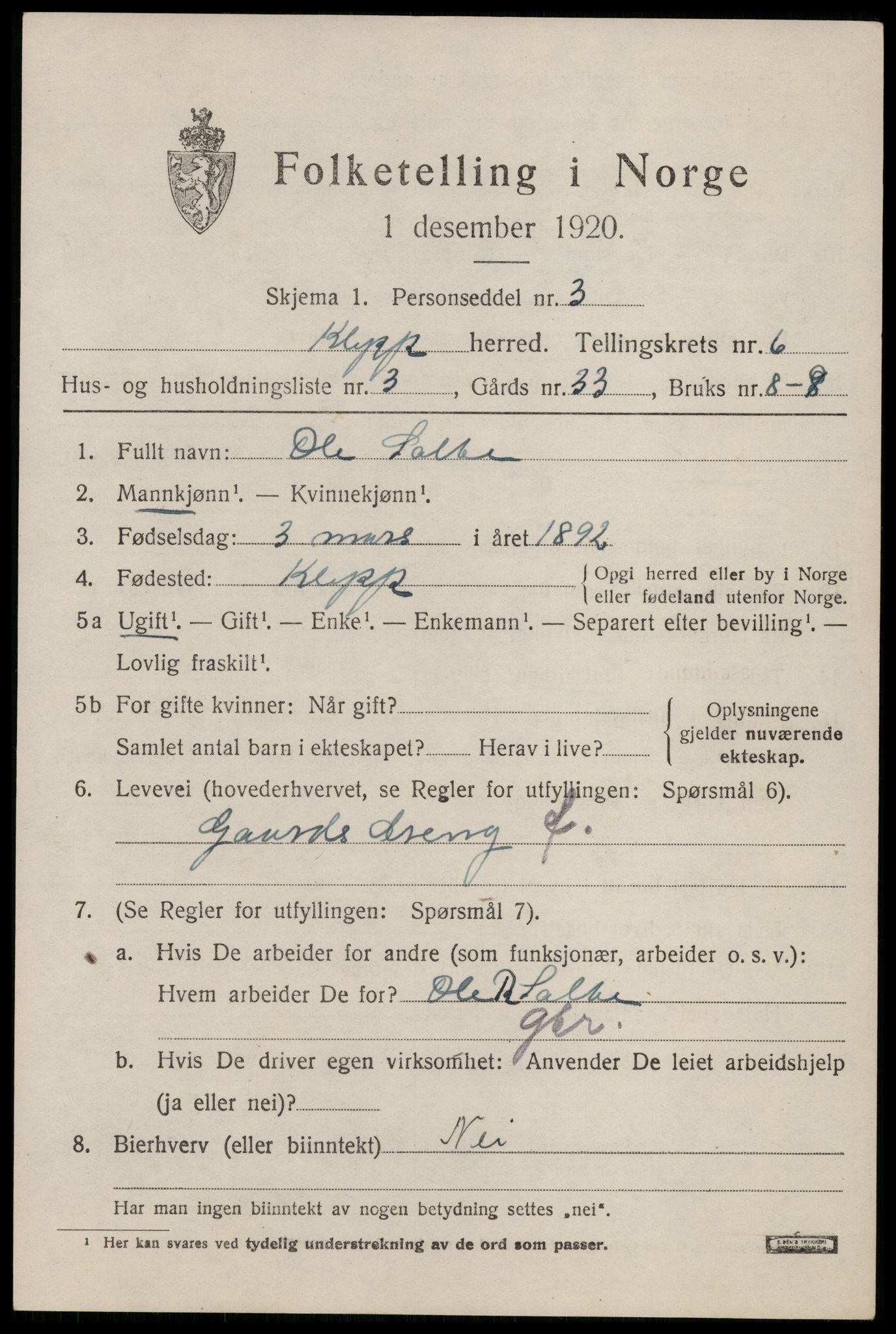 SAST, 1920 census for Klepp, 1920, p. 6020