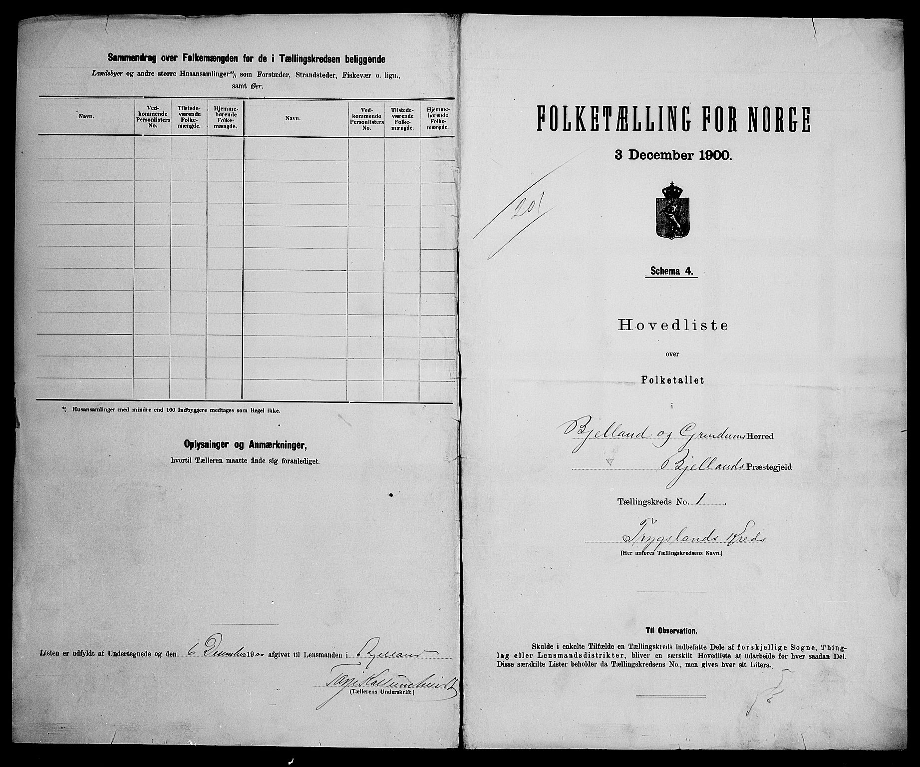 SAK, 1900 census for Bjelland og Grindheim, 1900, p. 5