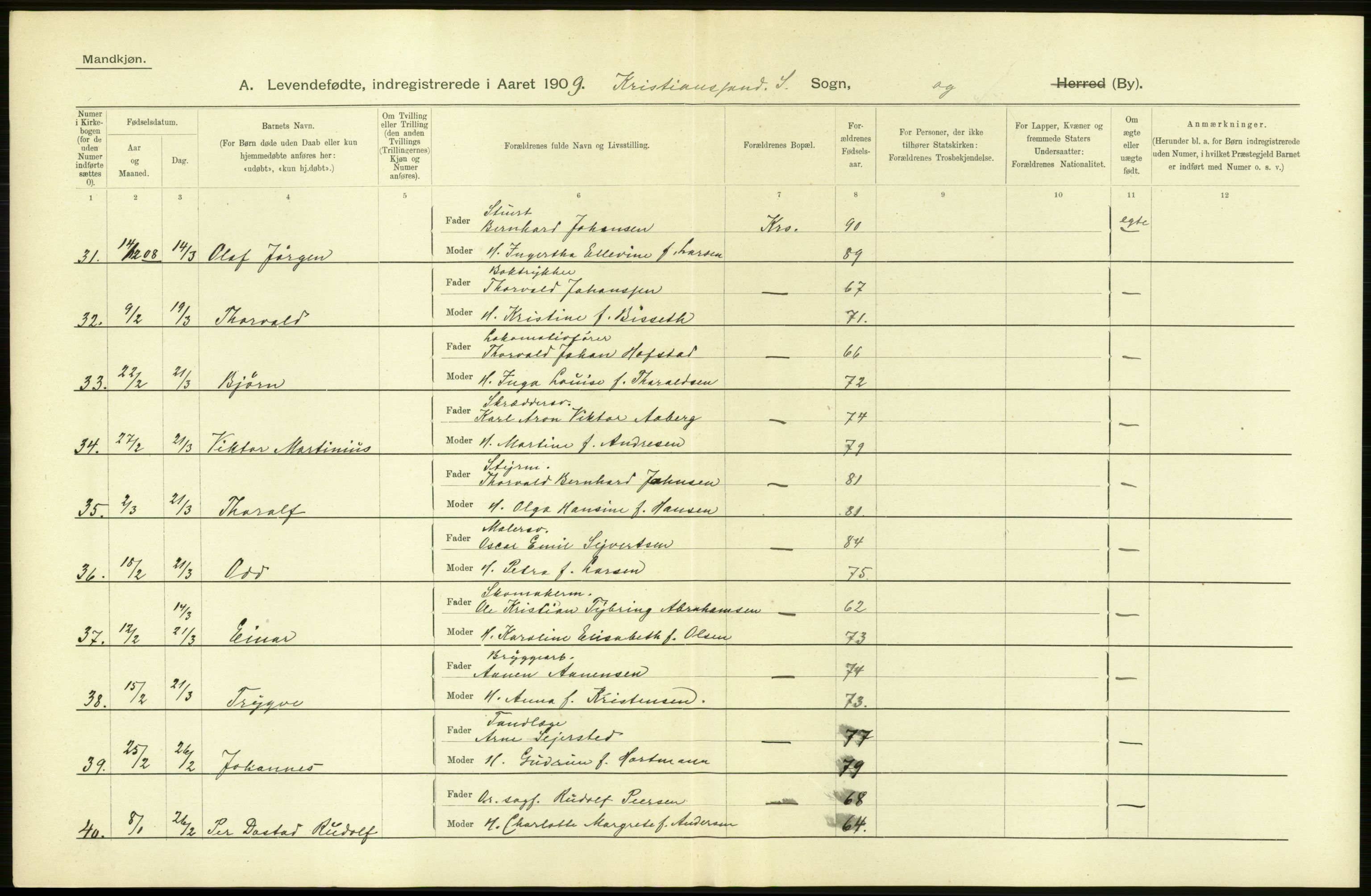 Statistisk sentralbyrå, Sosiodemografiske emner, Befolkning, AV/RA-S-2228/D/Df/Dfa/Dfag/L0023: Lister og Mandals amt: Levendefødte menn og kvinner. Bygder og byer., 1909, p. 58