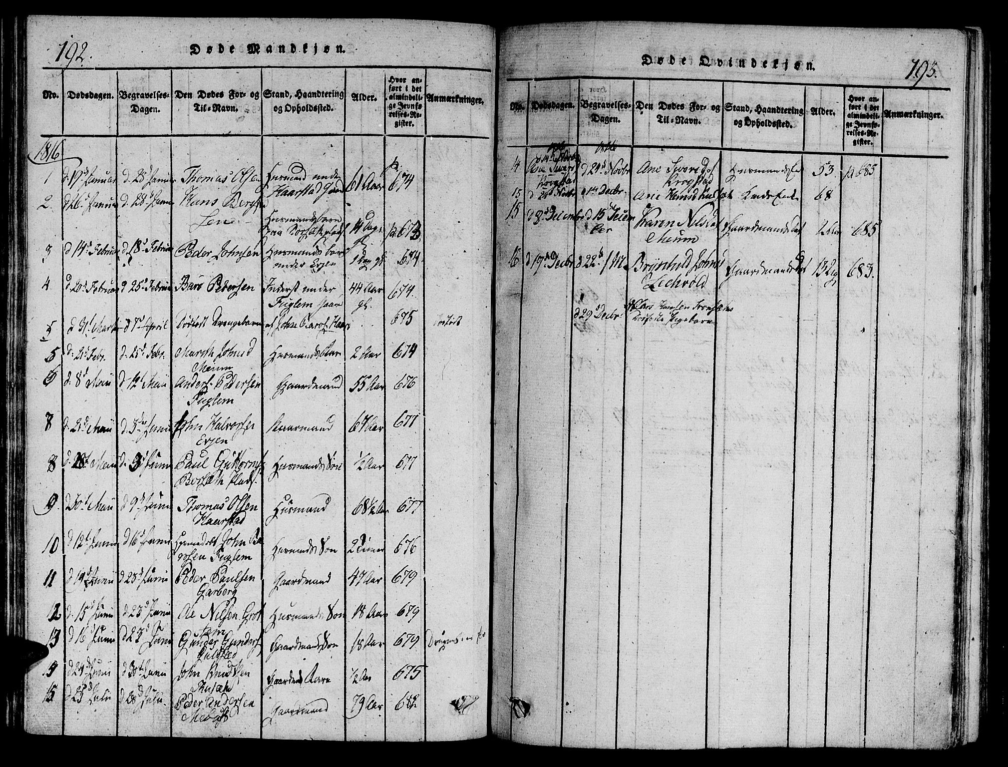 Ministerialprotokoller, klokkerbøker og fødselsregistre - Sør-Trøndelag, AV/SAT-A-1456/695/L1141: Parish register (official) no. 695A04 /1, 1816-1824, p. 192-193