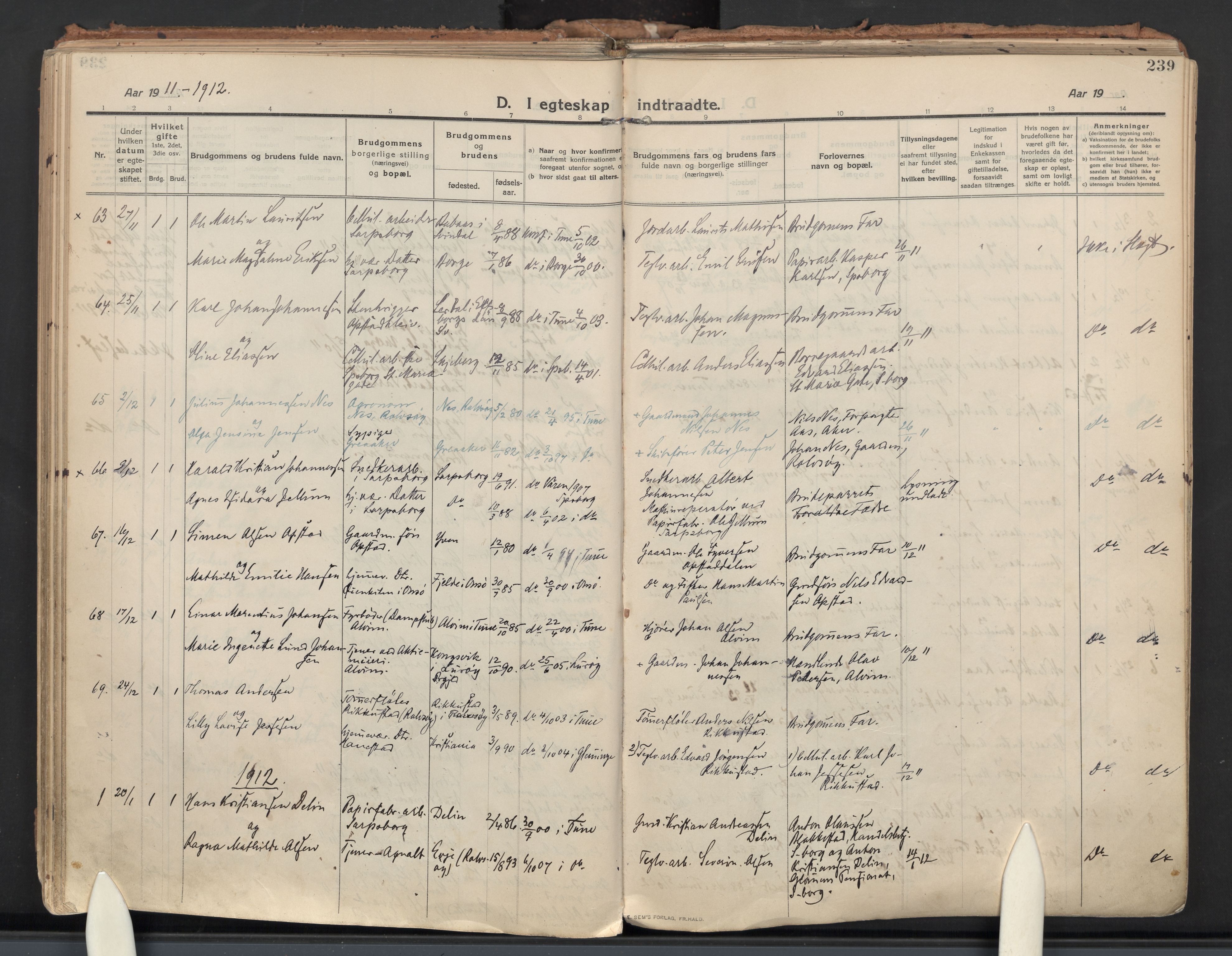 Tune prestekontor Kirkebøker, AV/SAO-A-2007/F/Fa/L0021: Parish register (official) no. 21, 1910-1916, p. 239