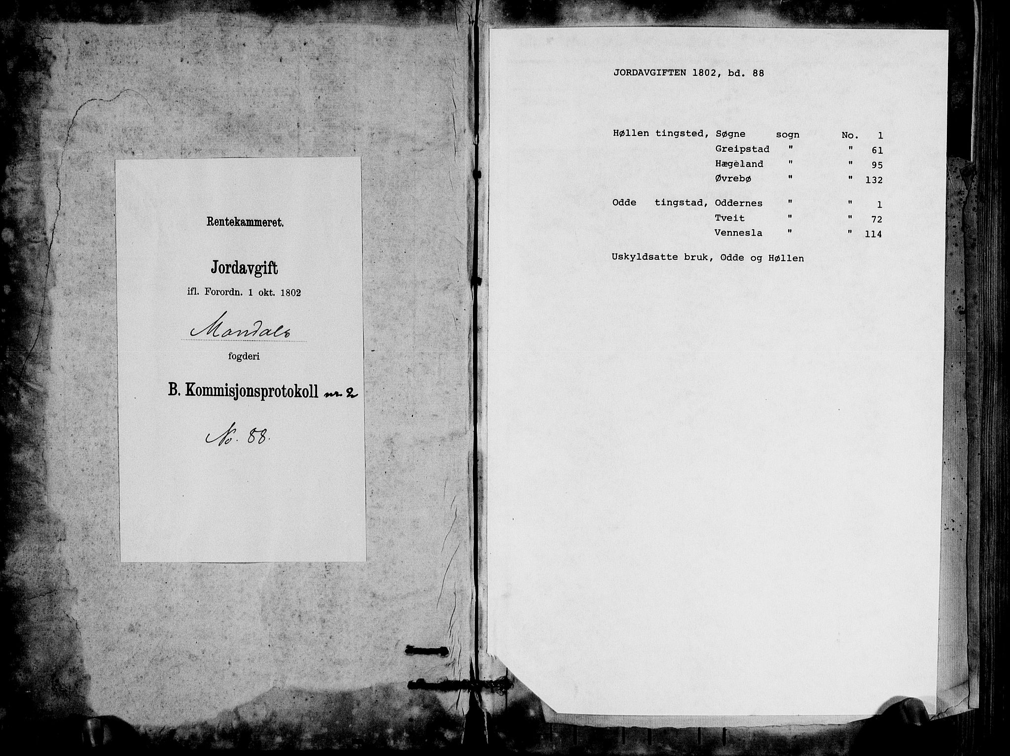 Rentekammeret inntil 1814, Realistisk ordnet avdeling, AV/RA-EA-4070/N/Ne/Nea/L0088: Mandal fogderi. Kommisjonsprotokoll "Nr. 2", for Søgne, Greipstad, Hægeland, Øvrebø, Oddernes, Tveit og Vennesla sogn, 1803, p. 1