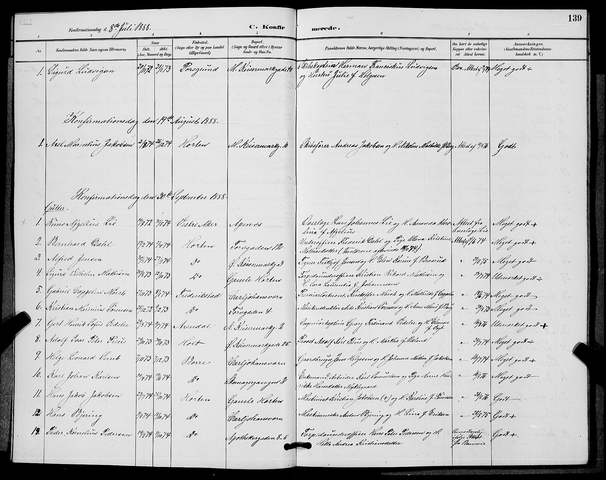 Horten kirkebøker, AV/SAKO-A-348/G/Ga/L0005: Parish register (copy) no. 5, 1888-1895, p. 139