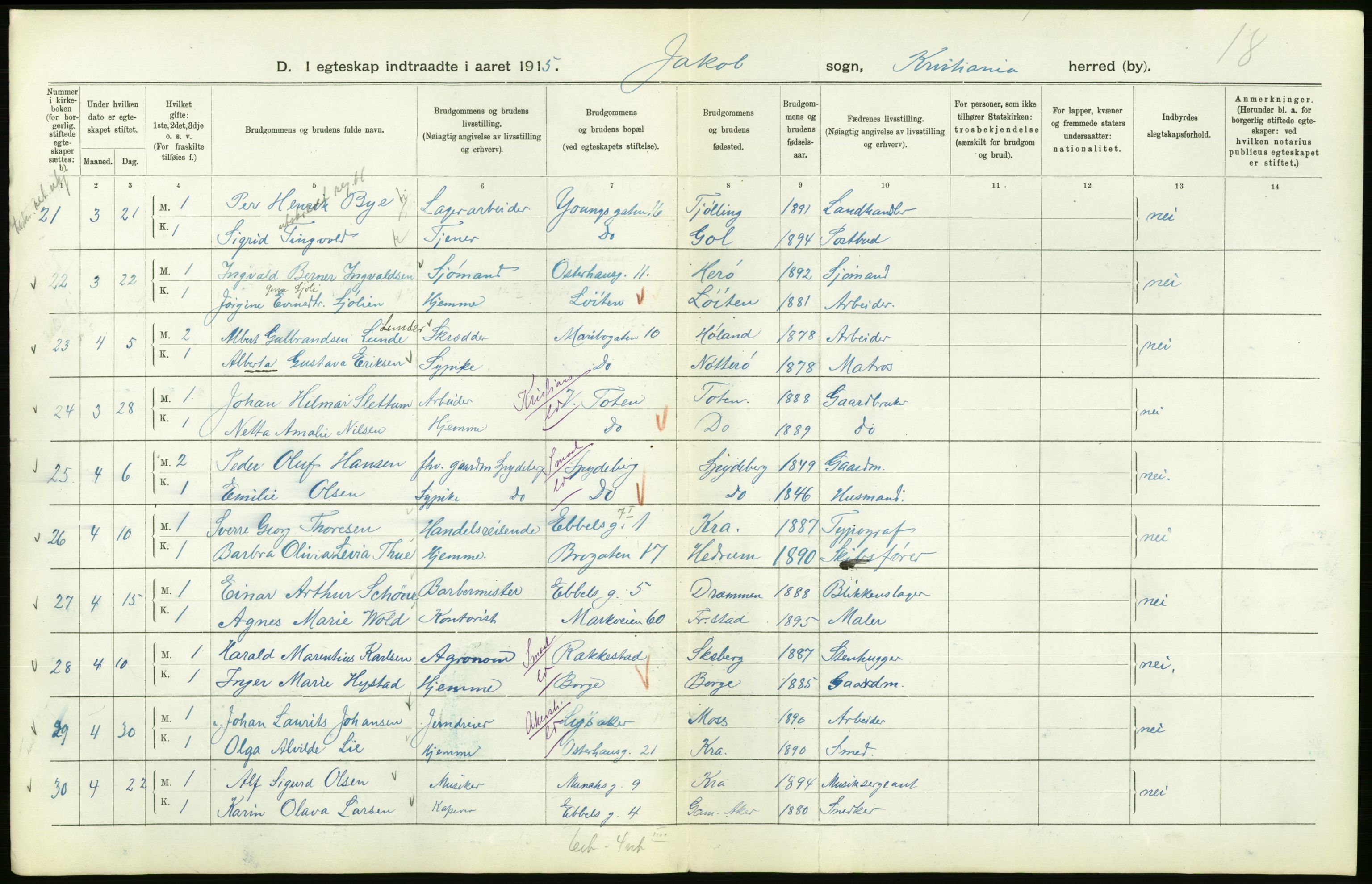 Statistisk sentralbyrå, Sosiodemografiske emner, Befolkning, RA/S-2228/D/Df/Dfb/Dfbe/L0008: Kristiania: Gifte., 1915, p. 594