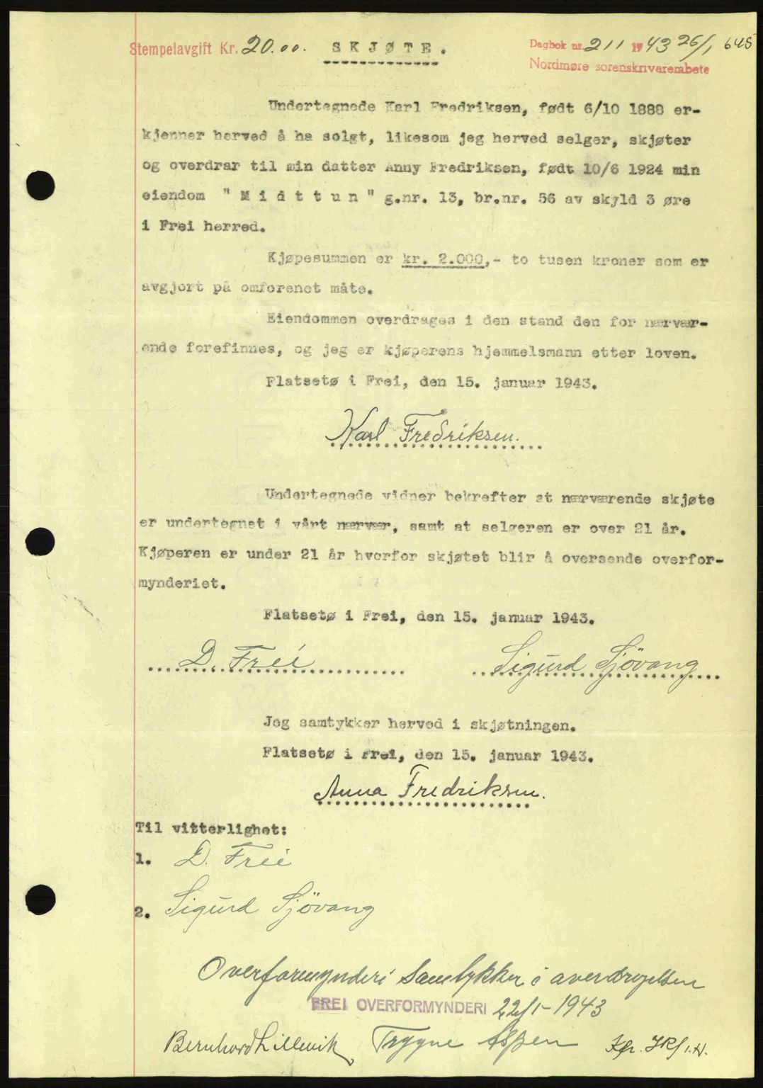Nordmøre sorenskriveri, AV/SAT-A-4132/1/2/2Ca: Mortgage book no. A94, 1942-1943, Diary no: : 211/1943