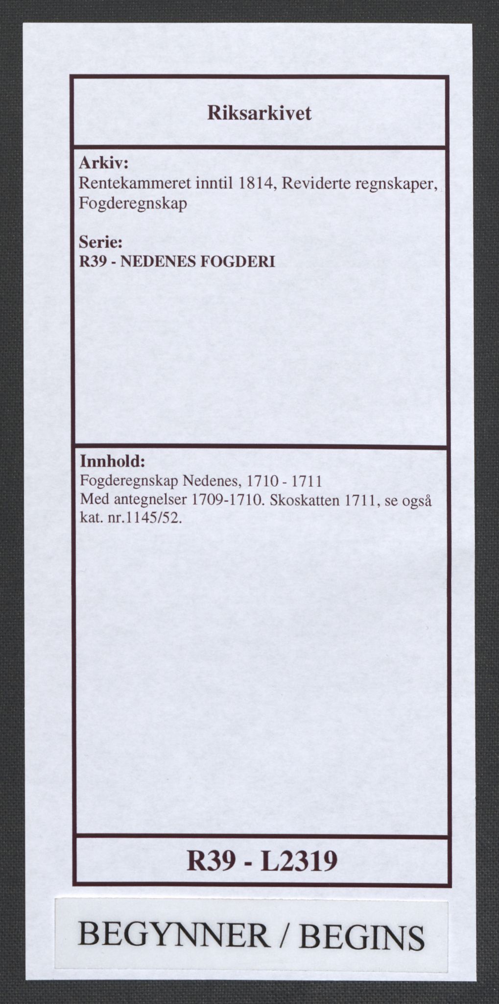 Rentekammeret inntil 1814, Reviderte regnskaper, Fogderegnskap, AV/RA-EA-4092/R39/L2319: Fogderegnskap Nedenes, 1710-1711, p. 1