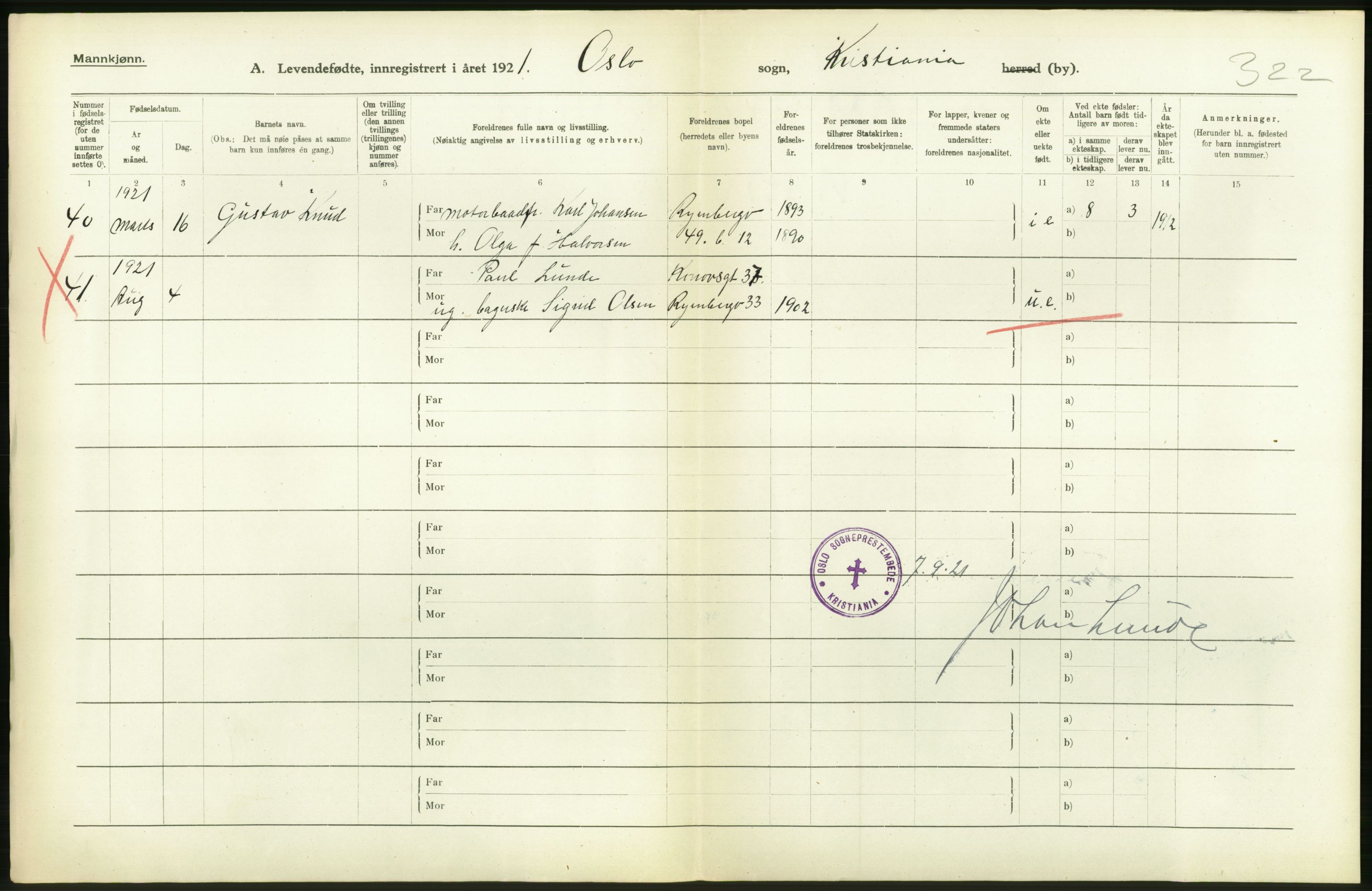 Statistisk sentralbyrå, Sosiodemografiske emner, Befolkning, AV/RA-S-2228/D/Df/Dfc/Dfca/L0009: Kristiania: Levendefødte menn og kvinner., 1921, p. 214