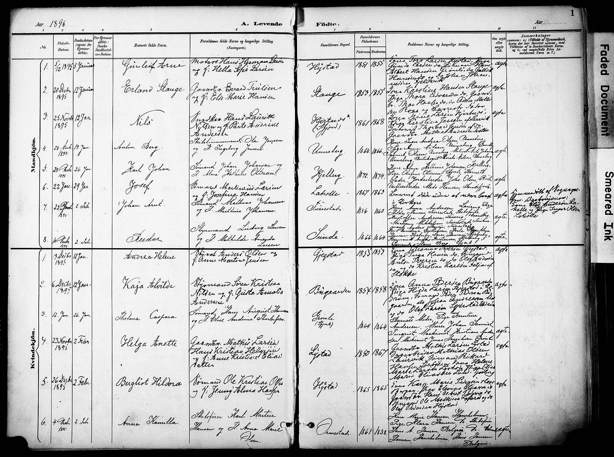 Sandar kirkebøker, SAKO/A-243/F/Fa/L0014: Parish register (official) no. 14, 1896-1909, p. 1