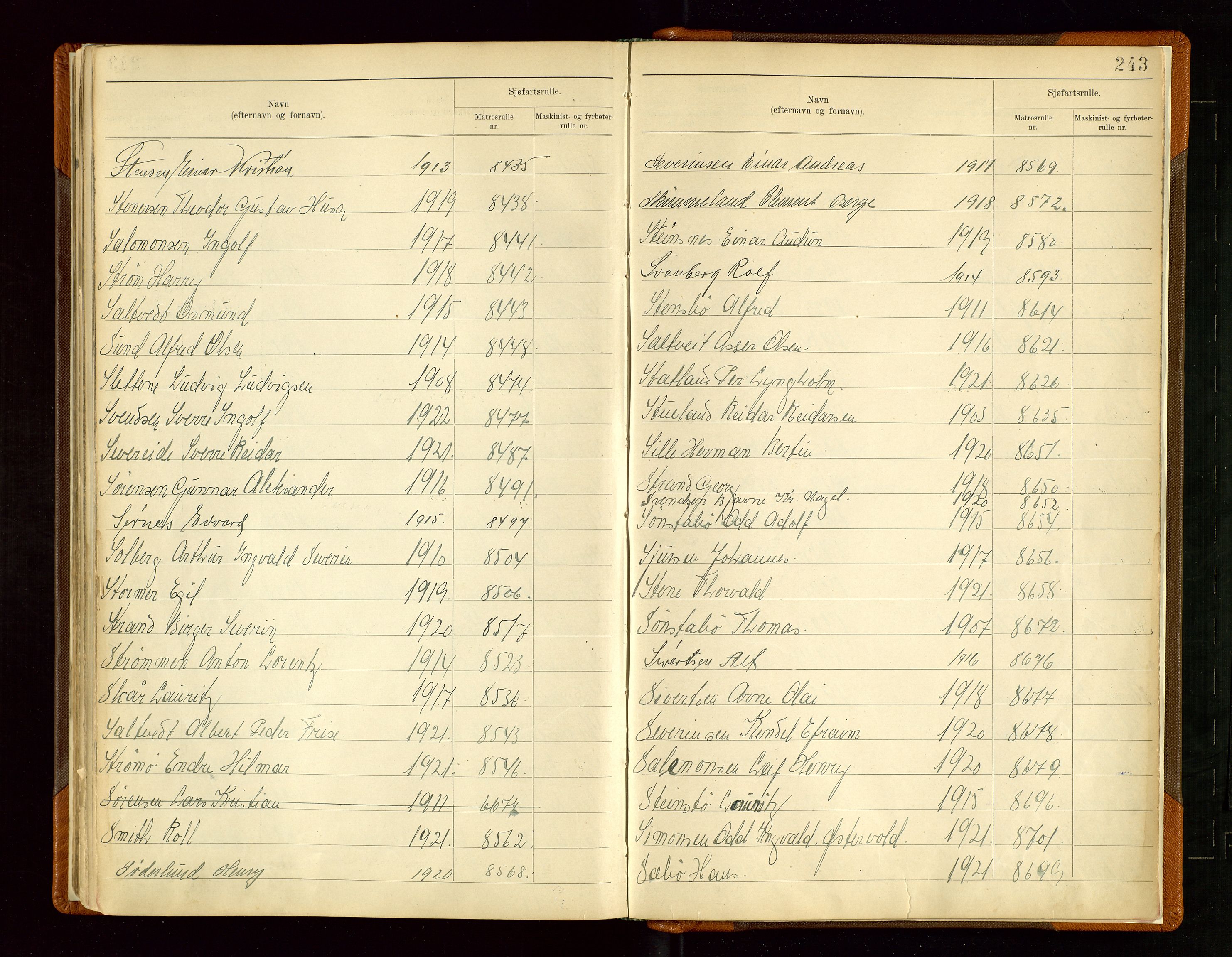 Haugesund sjømannskontor, AV/SAST-A-102007/F/Fb/Fba/L0006: Navneregister med henvisning til rullenummer (etternavn) Haugesund krets , 1945, p. 243