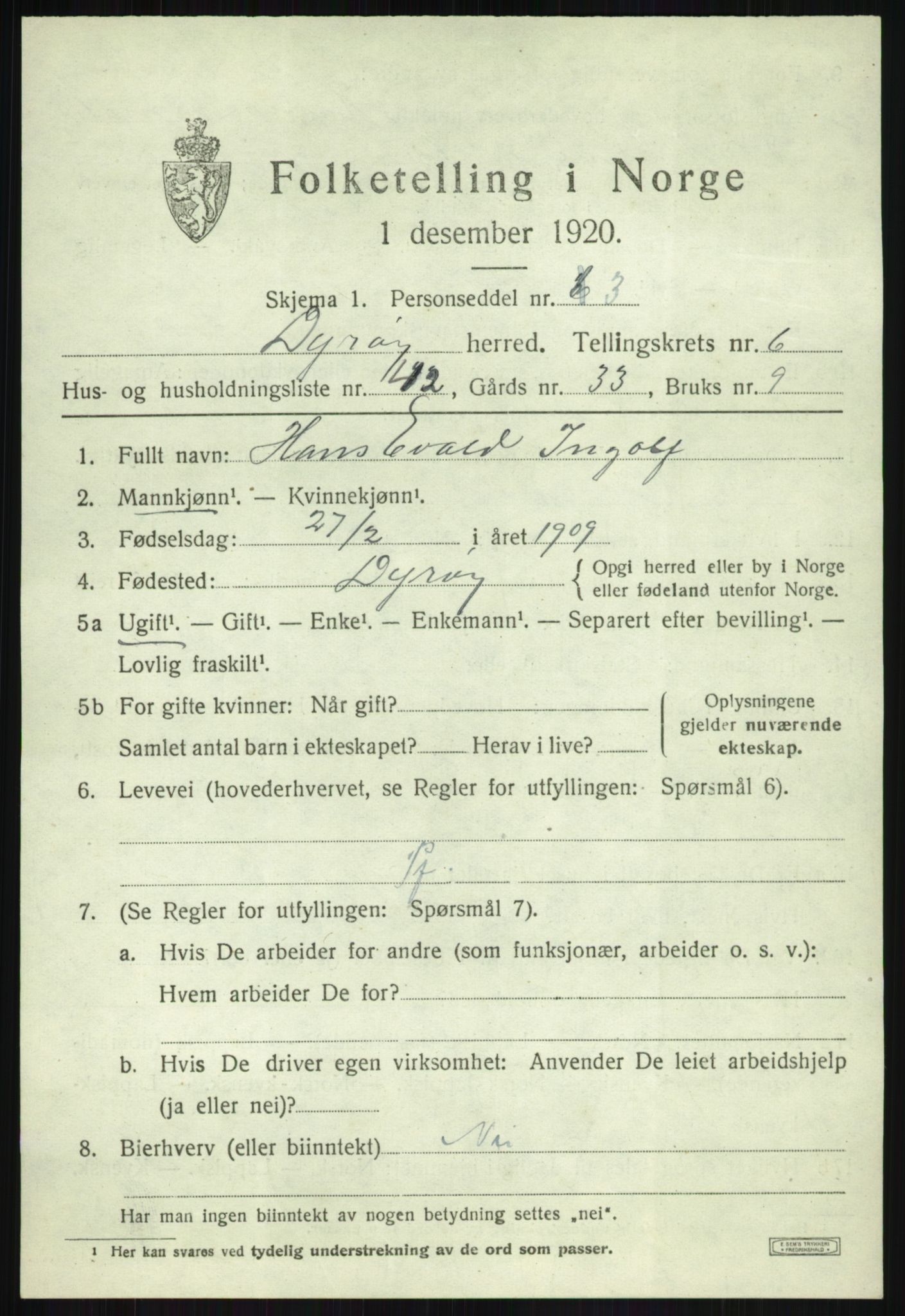 SATØ, 1920 census for Dyrøy, 1920, p. 3611