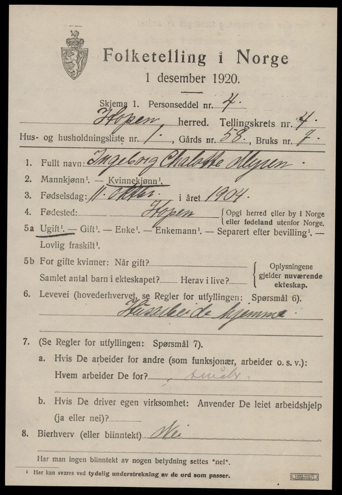 SAT, 1920 census for Hopen, 1920, p. 2002