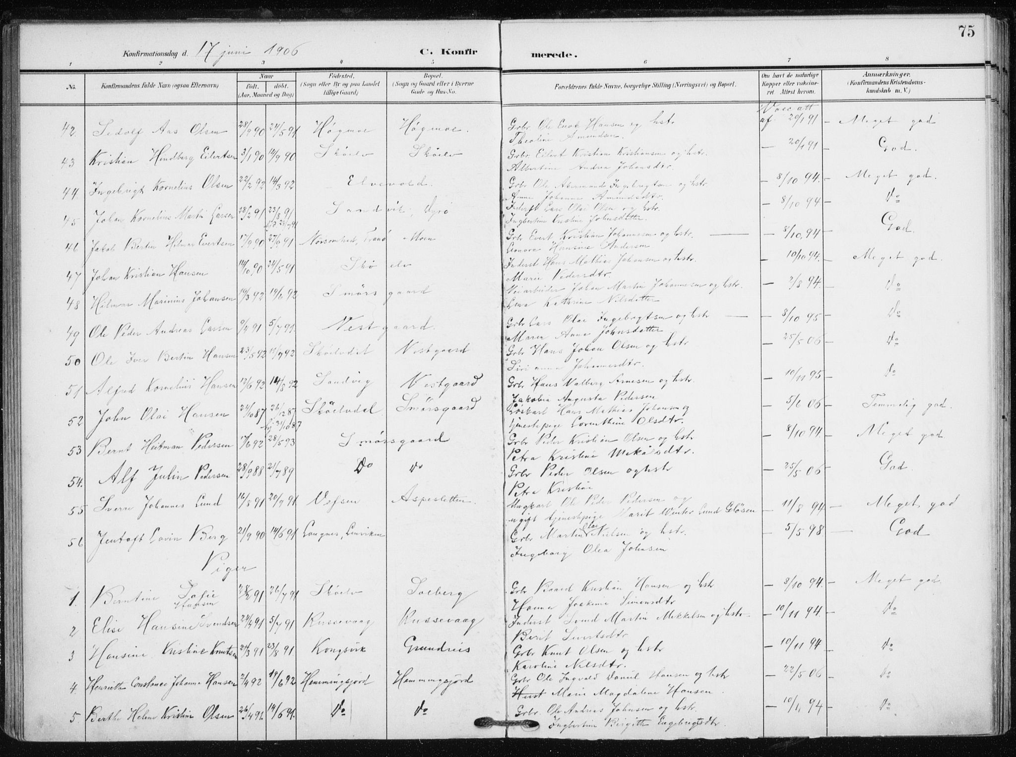 Tranøy sokneprestkontor, SATØ/S-1313/I/Ia/Iaa/L0012kirke: Parish register (official) no. 12, 1905-1918, p. 75