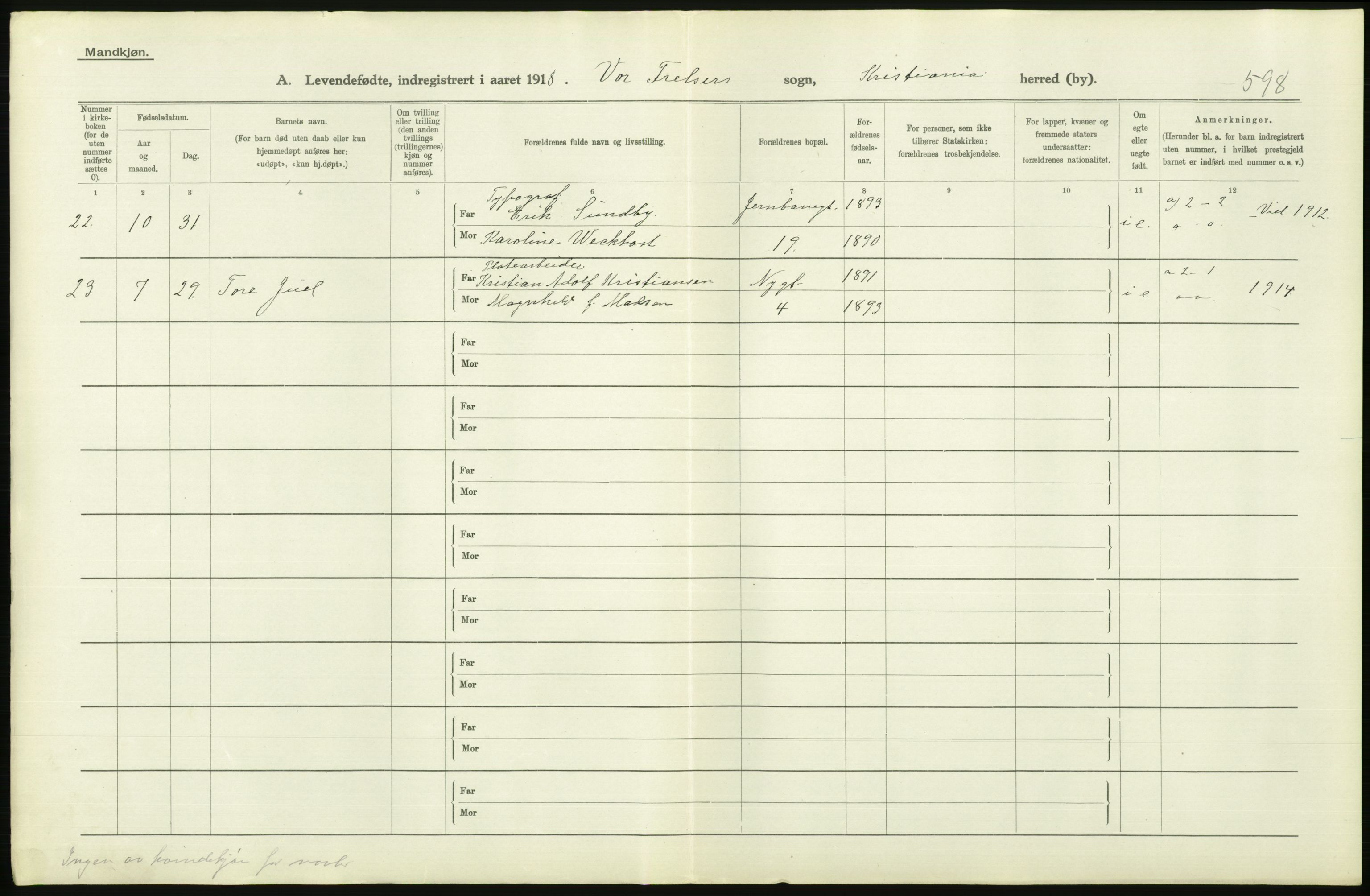 Statistisk sentralbyrå, Sosiodemografiske emner, Befolkning, AV/RA-S-2228/D/Df/Dfb/Dfbh/L0008: Kristiania: Levendefødte menn og kvinner., 1918, p. 564