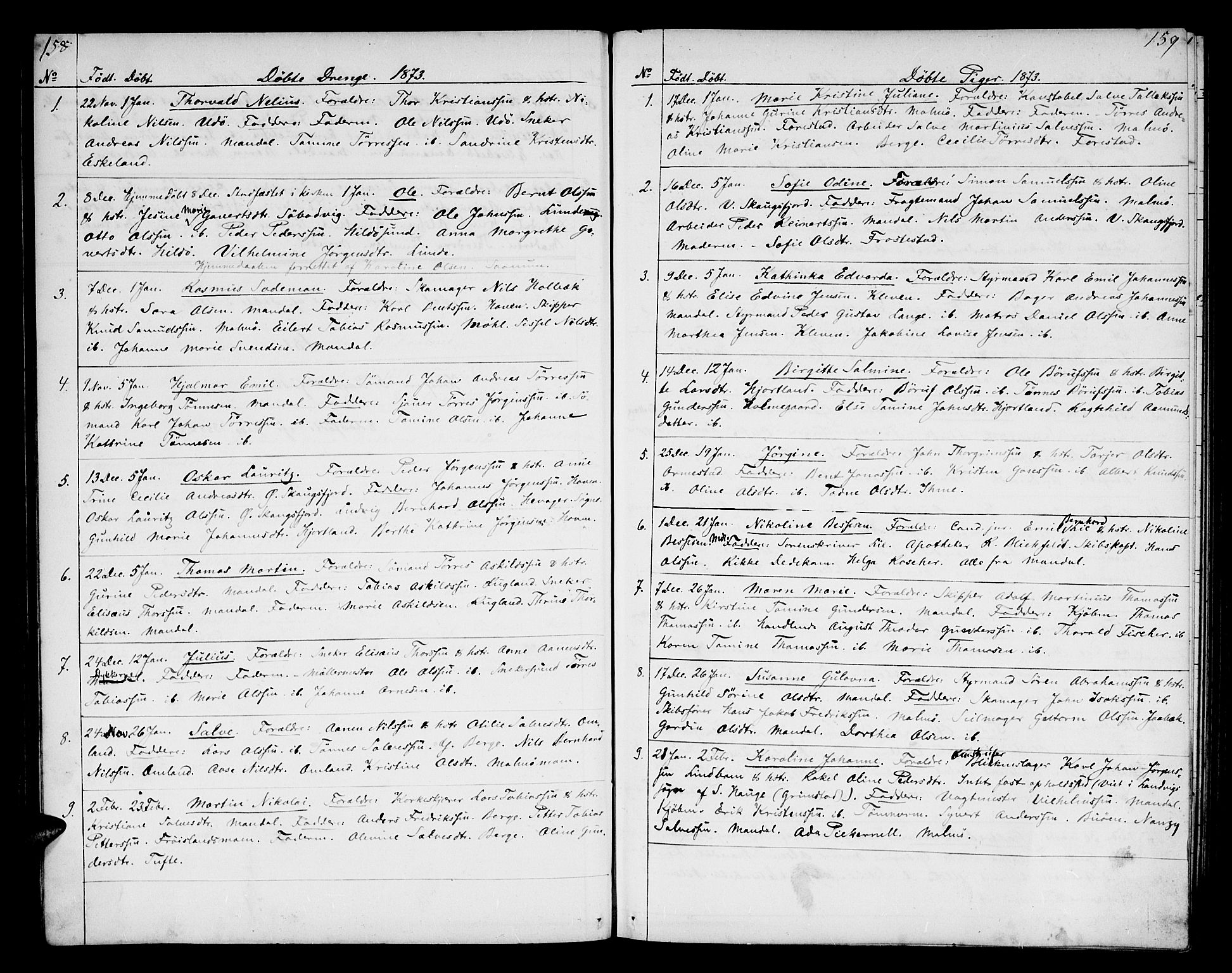 Mandal sokneprestkontor, SAK/1111-0030/F/Fb/Fba/L0009: Parish register (copy) no. B 3, 1867-1877, p. 158-159