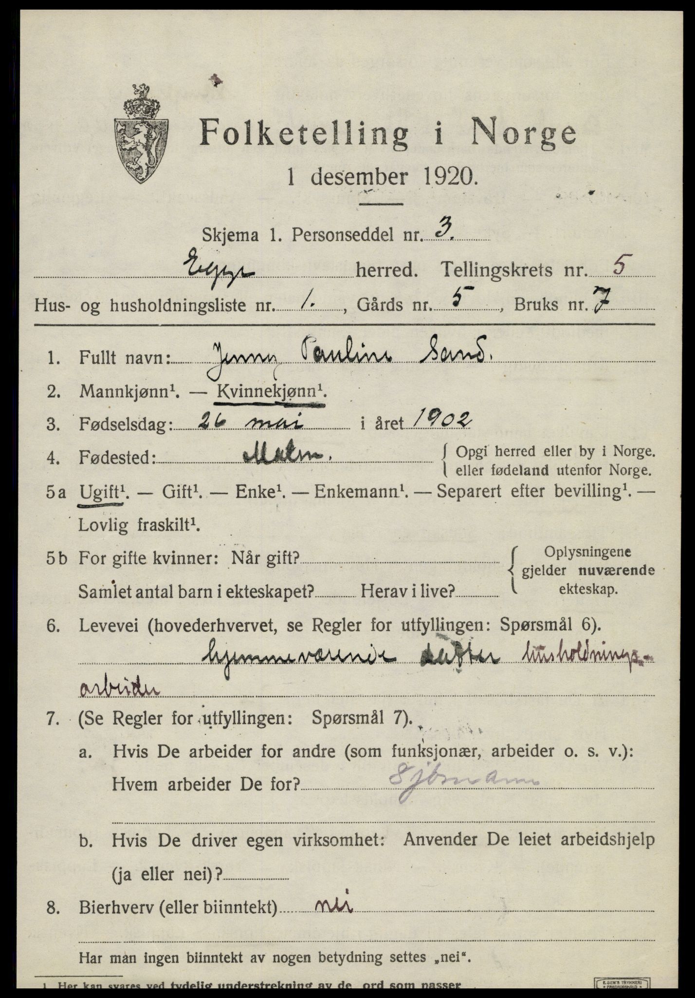 SAT, 1920 census for Egge, 1920, p. 3350