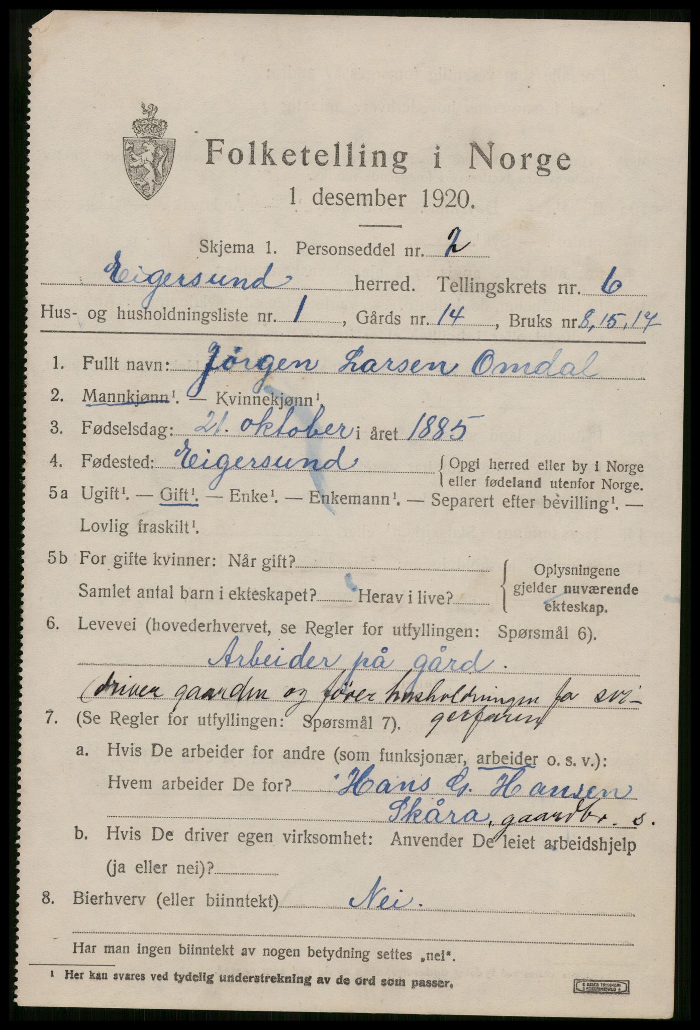 SAST, 1920 census for Eigersund, 1920, p. 3883