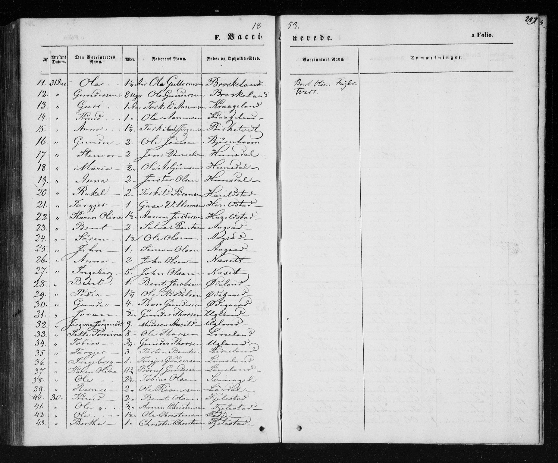 Holum sokneprestkontor, AV/SAK-1111-0022/F/Fa/Fab/L0005: Parish register (official) no. A 5, 1847-1874, p. 249