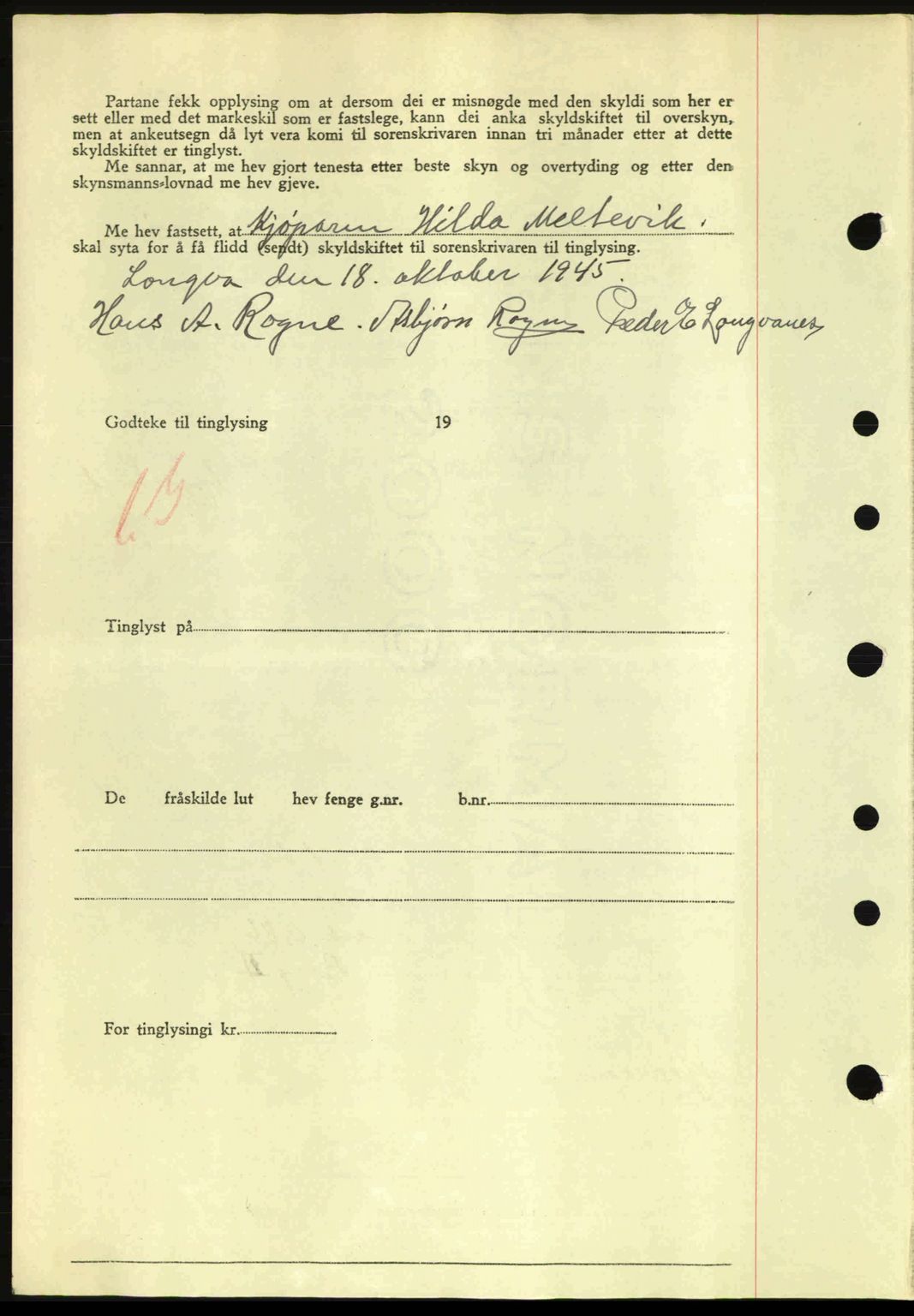 Nordre Sunnmøre sorenskriveri, AV/SAT-A-0006/1/2/2C/2Ca: Mortgage book no. A20a, 1945-1945, Diary no: : 961/1945