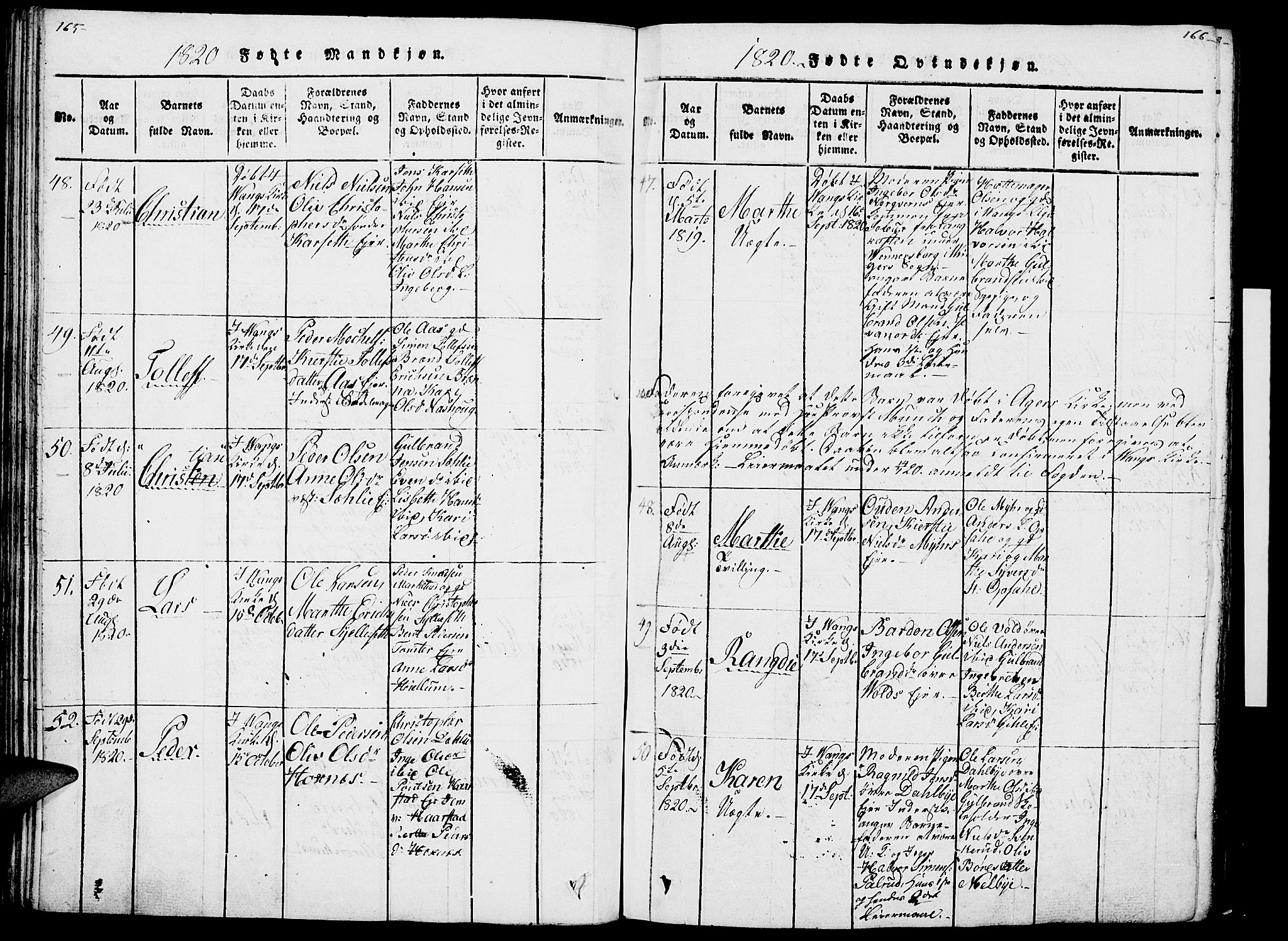 Vang prestekontor, Hedmark, AV/SAH-PREST-008/H/Ha/Haa/L0007: Parish register (official) no. 7, 1813-1826, p. 165-166