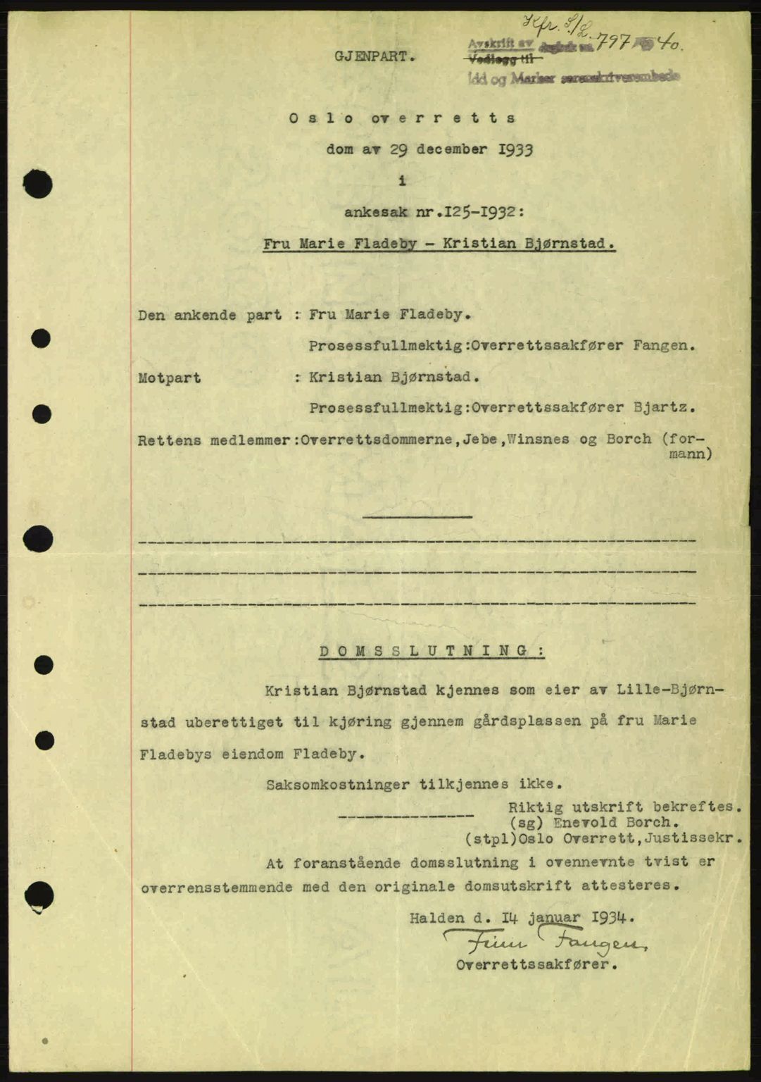 Idd og Marker sorenskriveri, AV/SAO-A-10283/G/Gb/Gbb/L0004: Mortgage book no. A4, 1940-1941, Diary no: : 797/1940