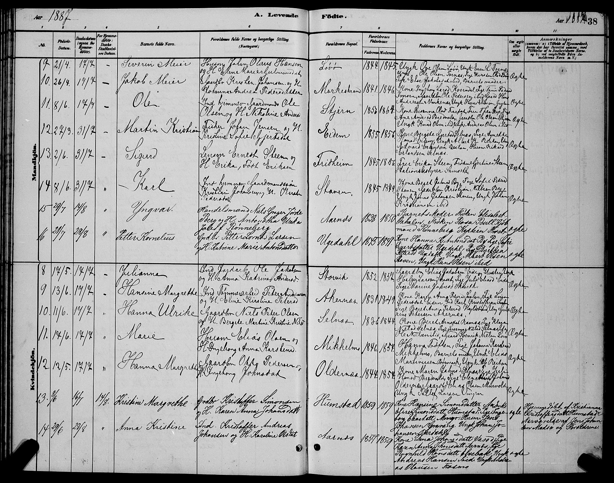 Ministerialprotokoller, klokkerbøker og fødselsregistre - Sør-Trøndelag, SAT/A-1456/655/L0687: Parish register (copy) no. 655C03, 1880-1898, p. 38