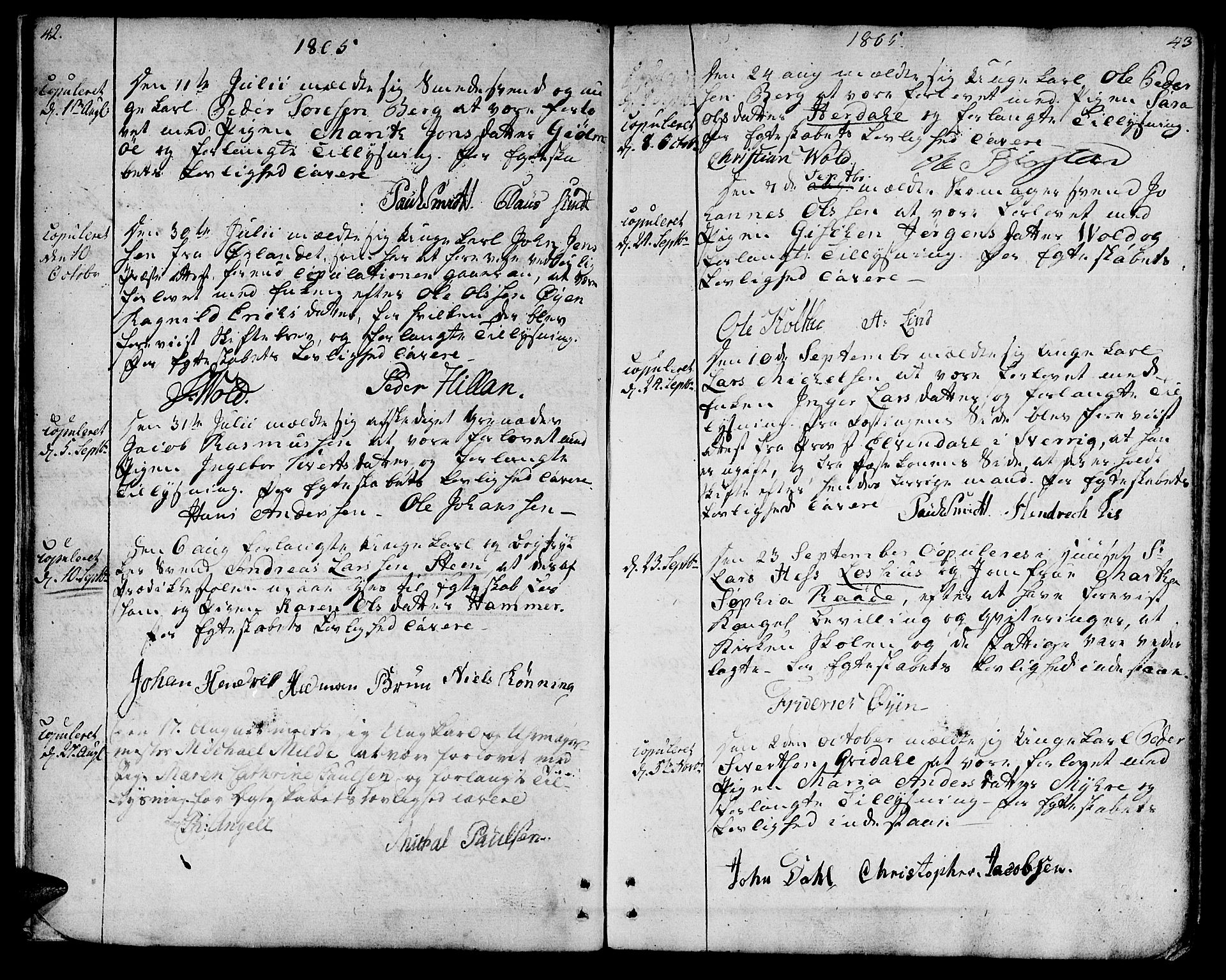 Ministerialprotokoller, klokkerbøker og fødselsregistre - Sør-Trøndelag, AV/SAT-A-1456/601/L0042: Parish register (official) no. 601A10, 1802-1830, p. 42-43