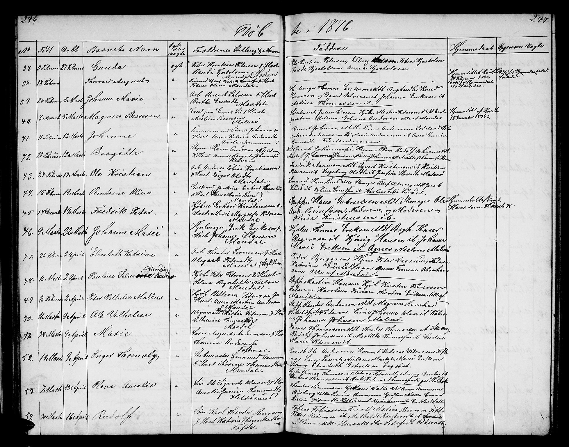 Mandal sokneprestkontor, AV/SAK-1111-0030/F/Fb/Fba/L0009: Parish register (copy) no. B 3, 1867-1877, p. 246-247