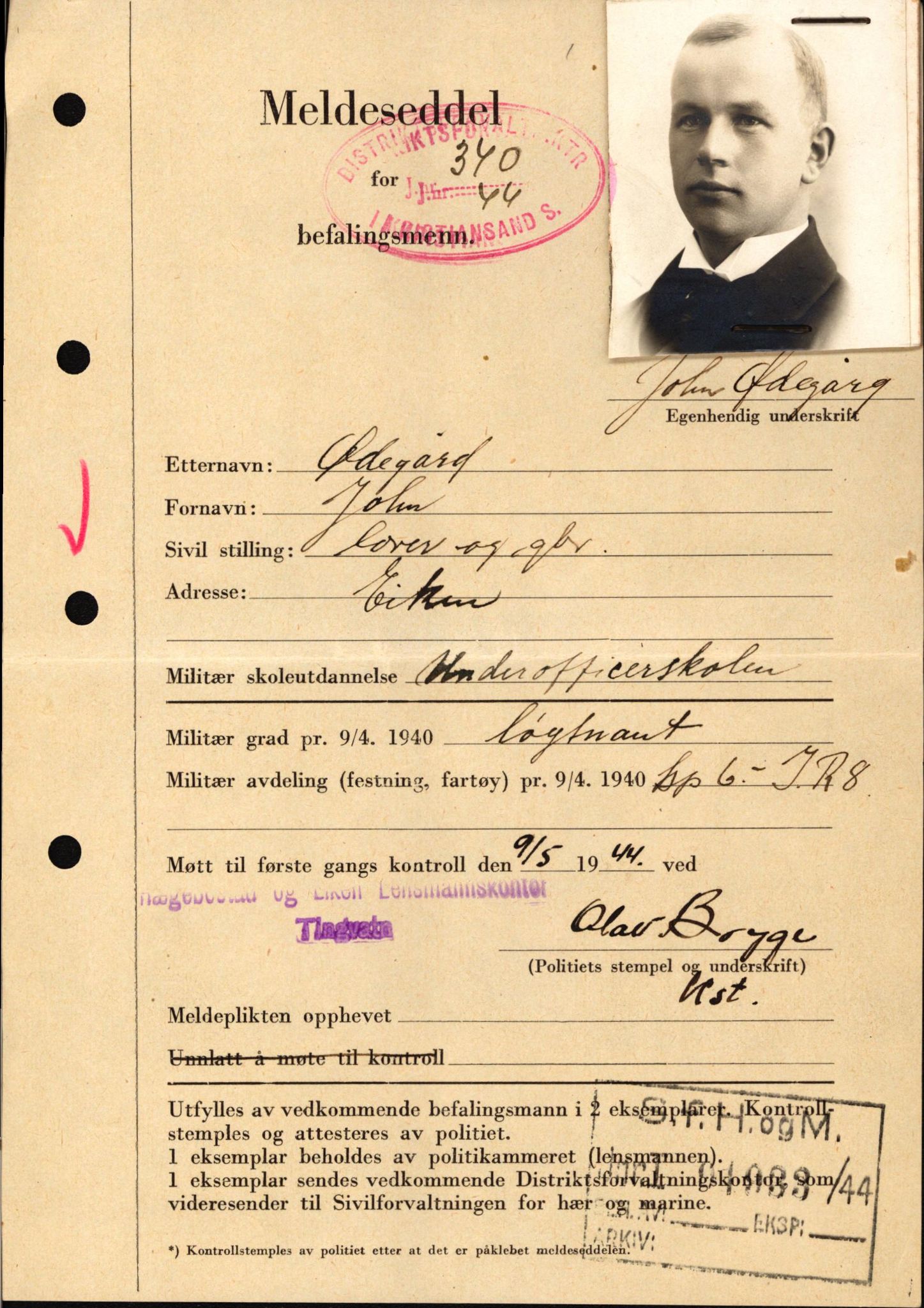 Forsvaret, Forsvarets krigshistoriske avdeling, AV/RA-RAFA-2017/Y/Yf/L0209: II-C-11-2121  -  Okkupasjonstiden.  Meldesedler for befal med foto og oppl. om militær grad 9. apr. 1940., 1944-1945, p. 1305