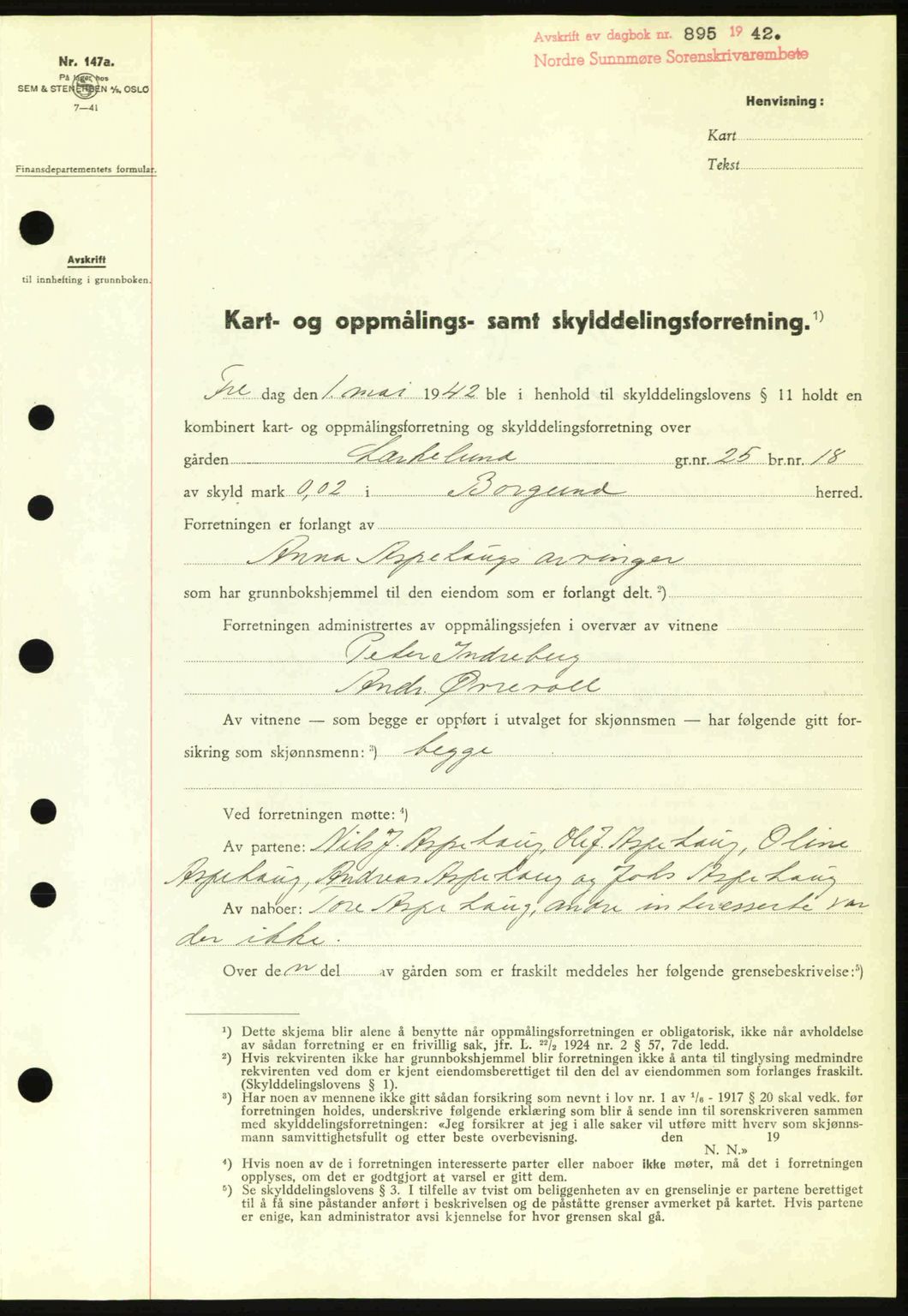 Nordre Sunnmøre sorenskriveri, AV/SAT-A-0006/1/2/2C/2Ca: Mortgage book no. A13, 1942-1942, Diary no: : 895/1942