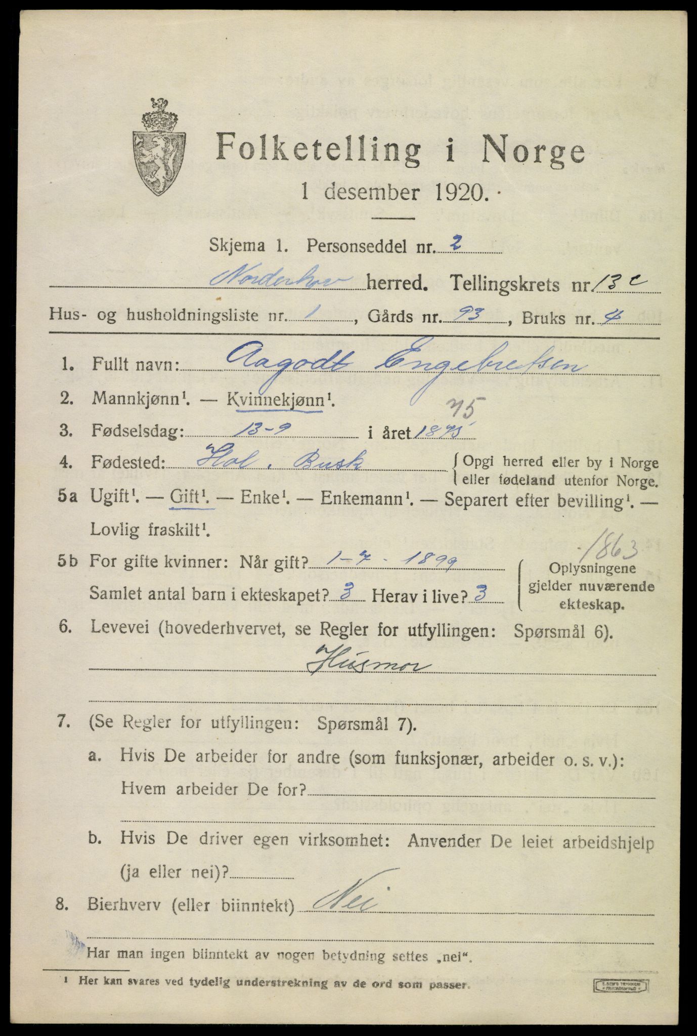 SAKO, 1920 census for Norderhov, 1920, p. 14554