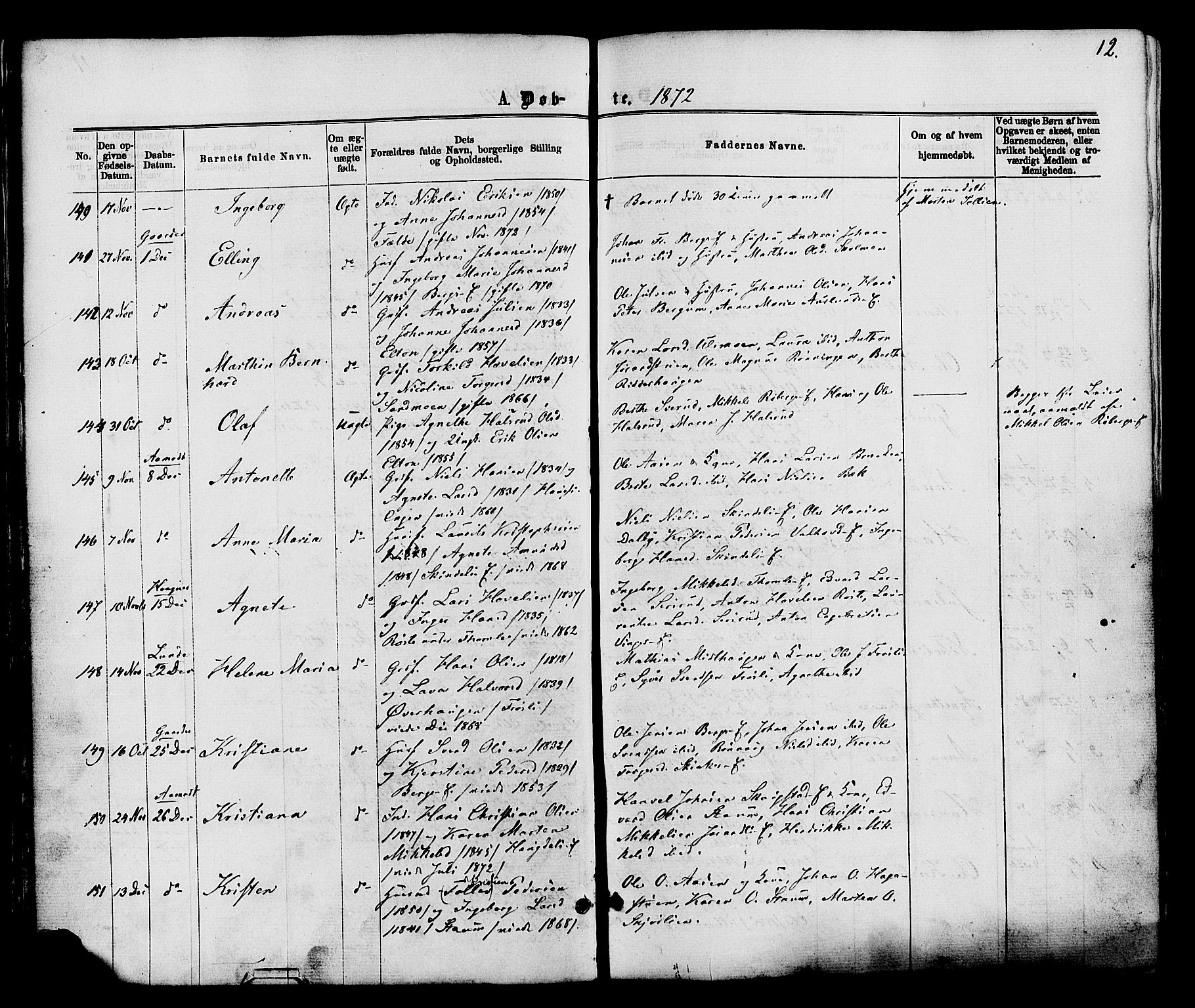 Nordre Land prestekontor, AV/SAH-PREST-124/H/Ha/Haa/L0002: Parish register (official) no. 2, 1872-1881, p. 12