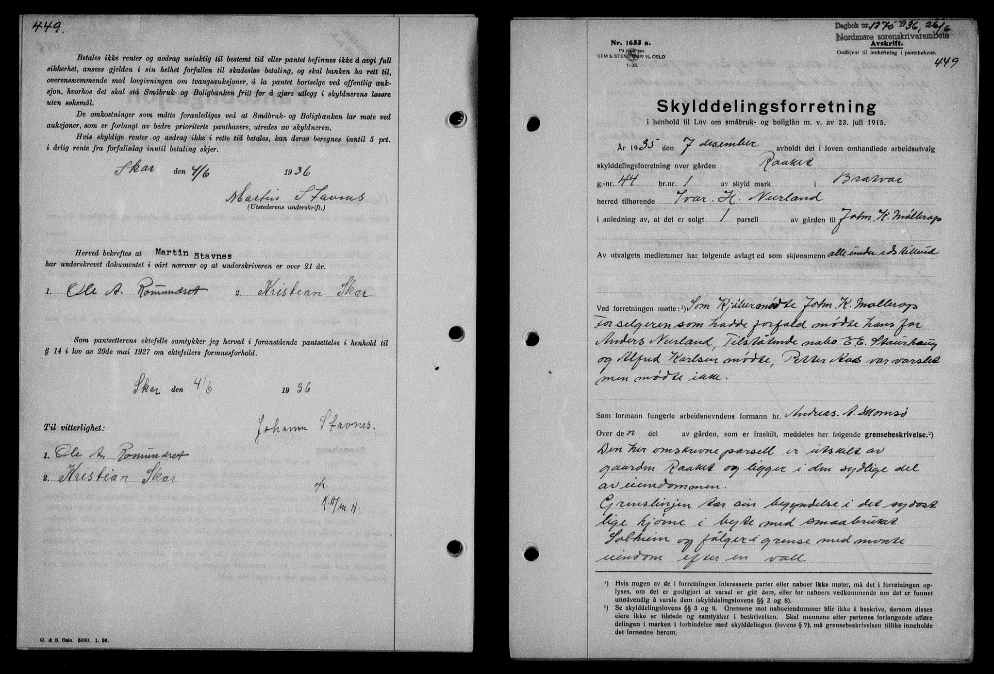 Nordmøre sorenskriveri, AV/SAT-A-4132/1/2/2Ca/L0088: Mortgage book no. 78, 1936-1936, Diary no: : 1370/1936