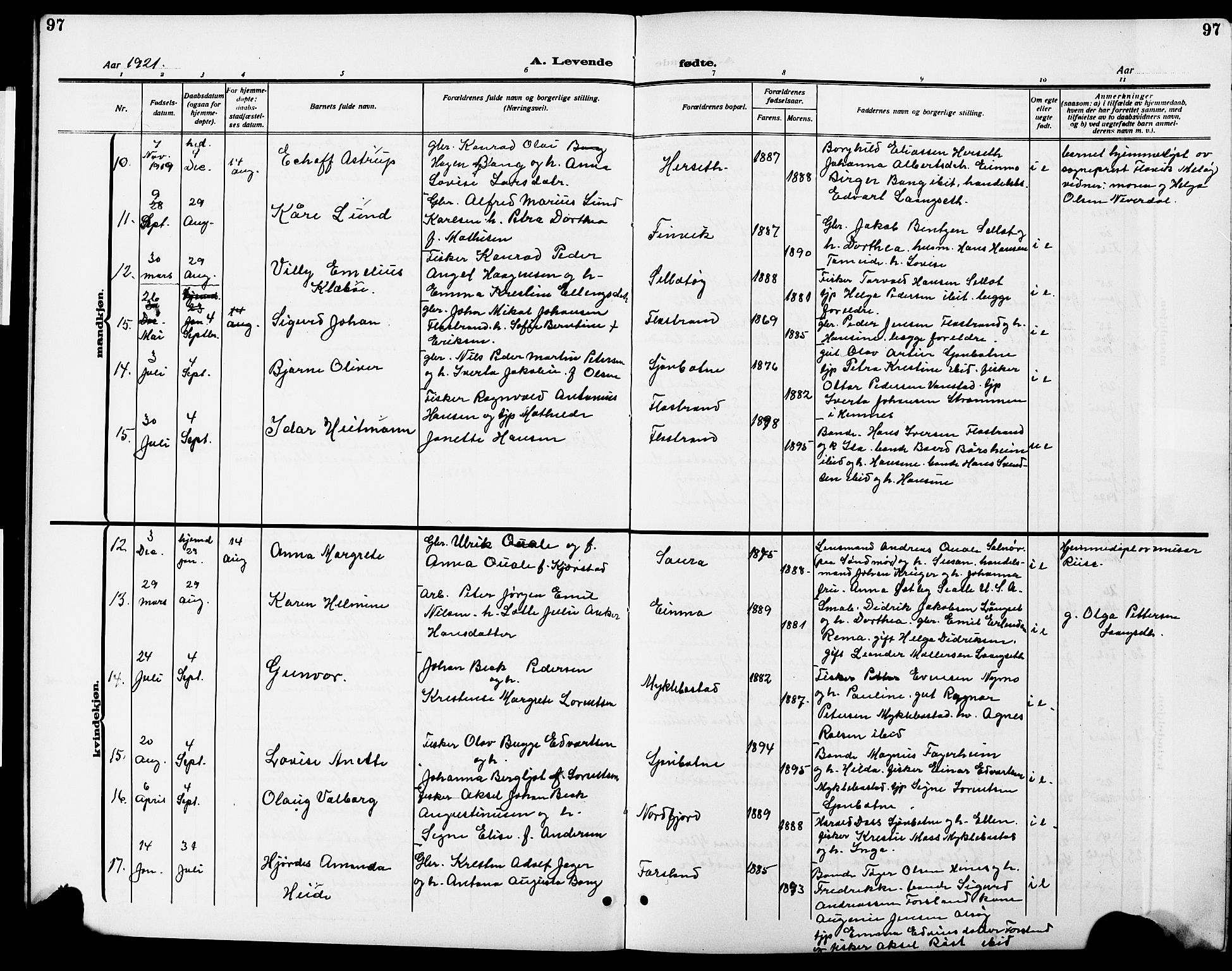 Ministerialprotokoller, klokkerbøker og fødselsregistre - Nordland, AV/SAT-A-1459/838/L0560: Parish register (copy) no. 838C07, 1910-1928, p. 97