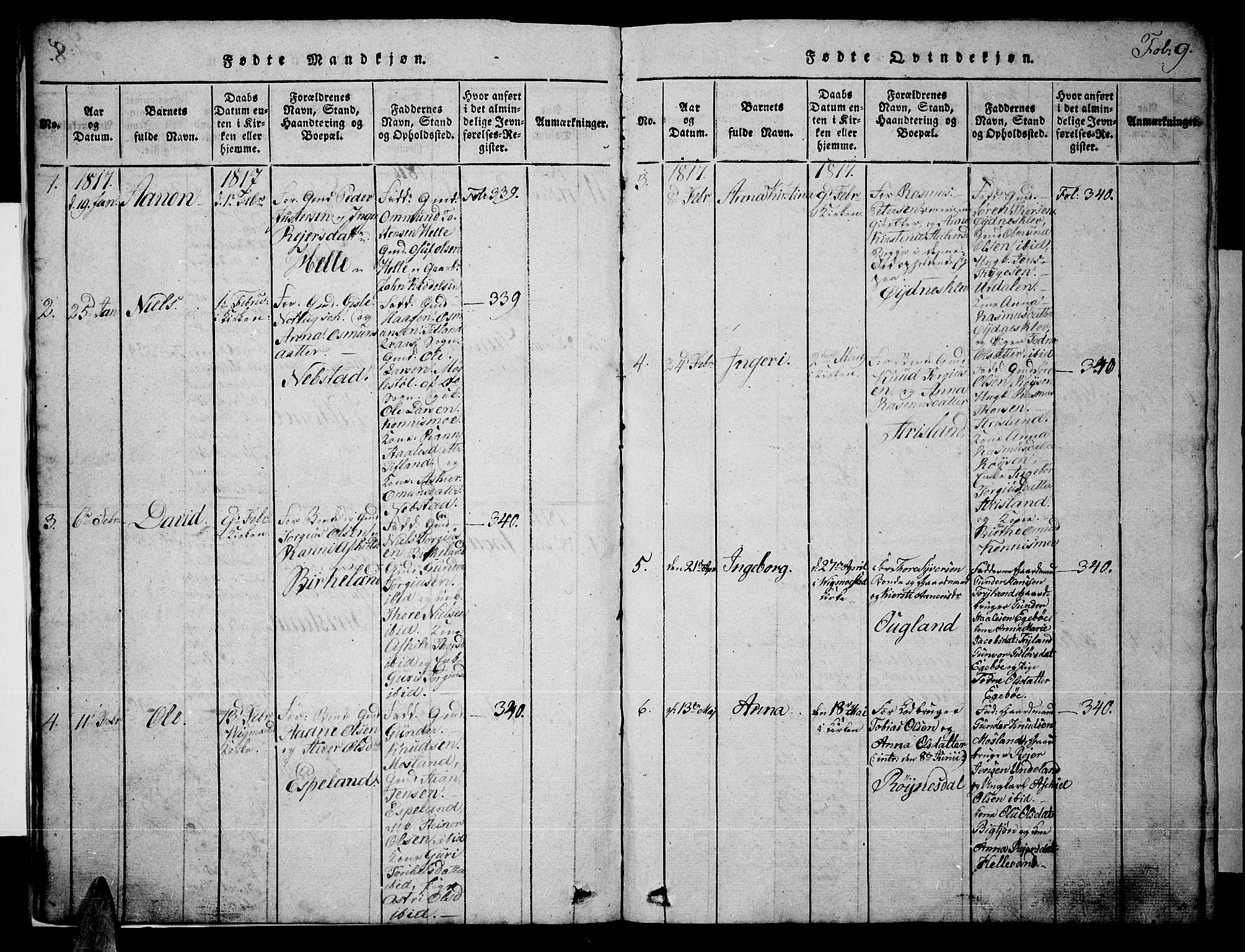 Nord-Audnedal sokneprestkontor, AV/SAK-1111-0032/F/Fb/Fba/L0001: Parish register (copy) no. B 1, 1815-1856, p. 9