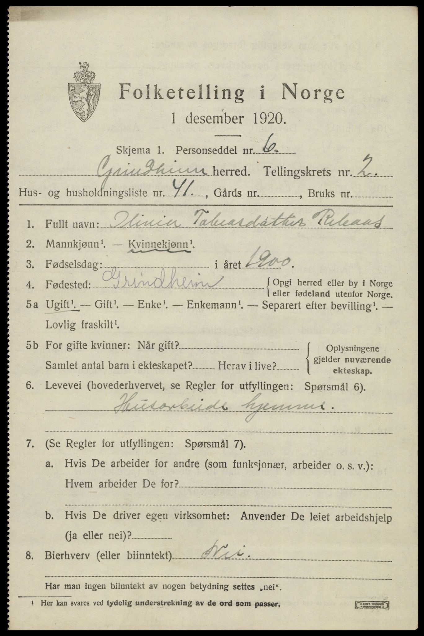SAK, 1920 census for Grindheim, 1920, p. 867