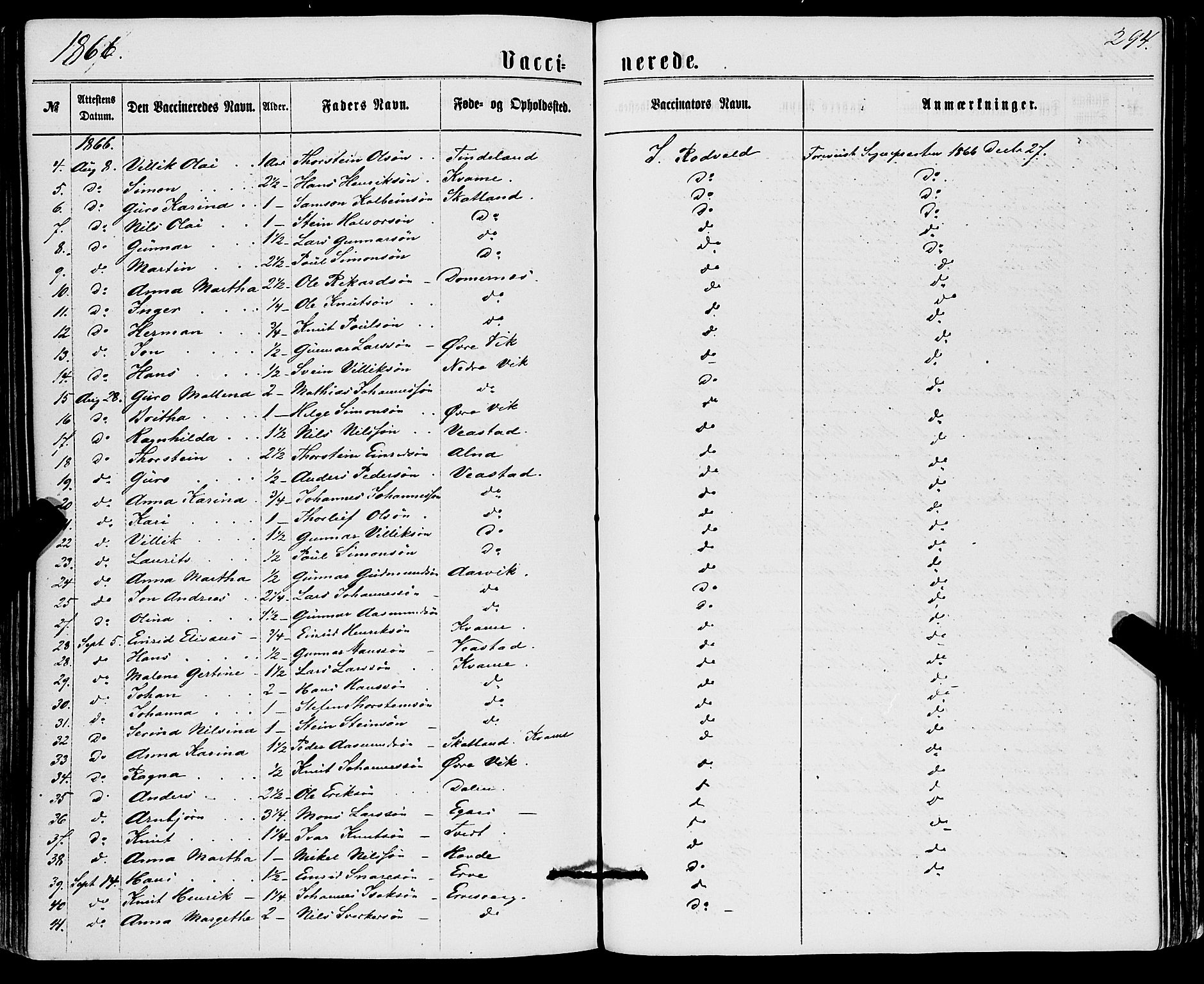 Sveio Sokneprestembete, SAB/A-78501/H/Haa: Parish register (official) no. A 1, 1861-1877, p. 294