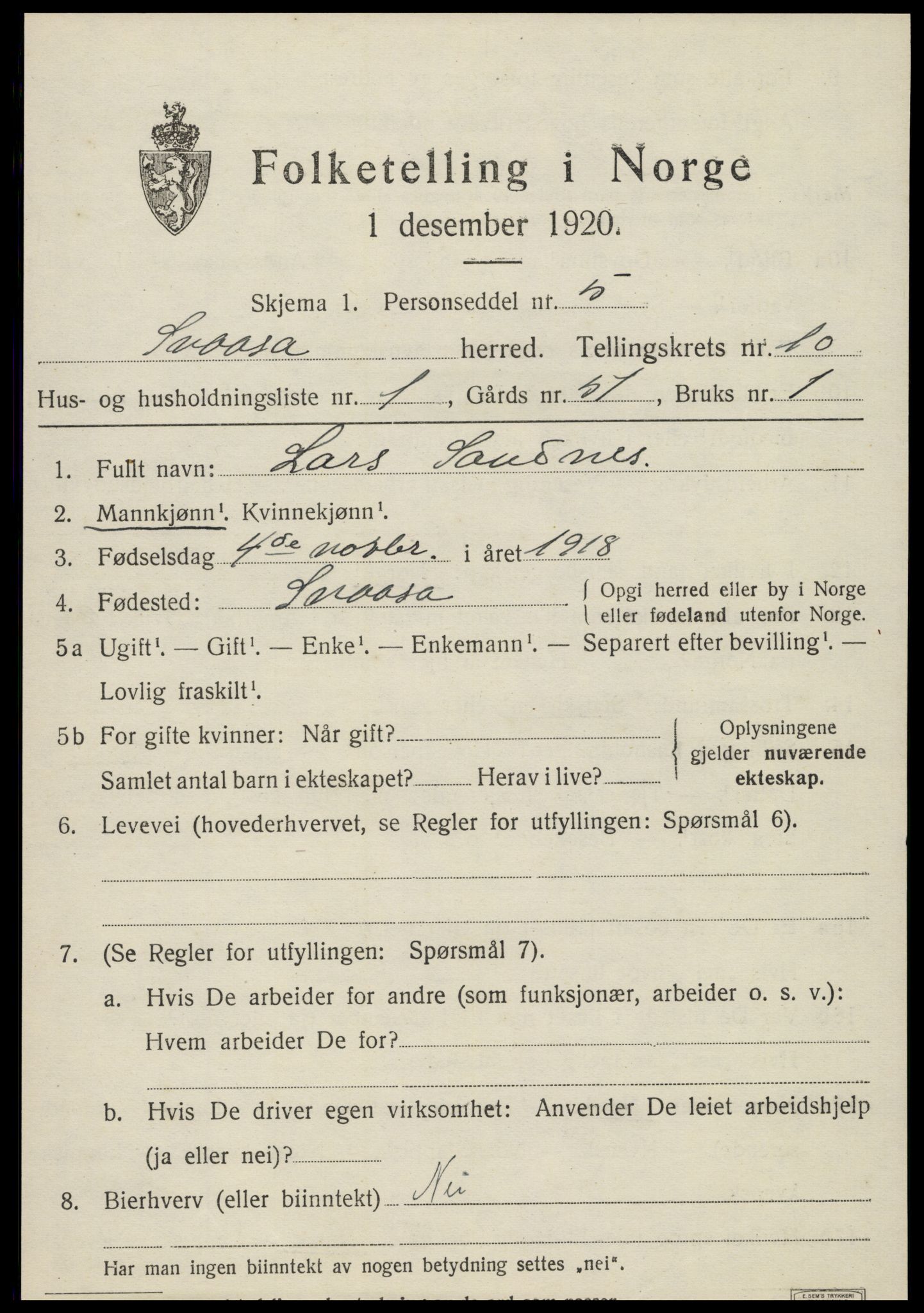 SAT, 1920 census for Snåsa, 1920, p. 4338