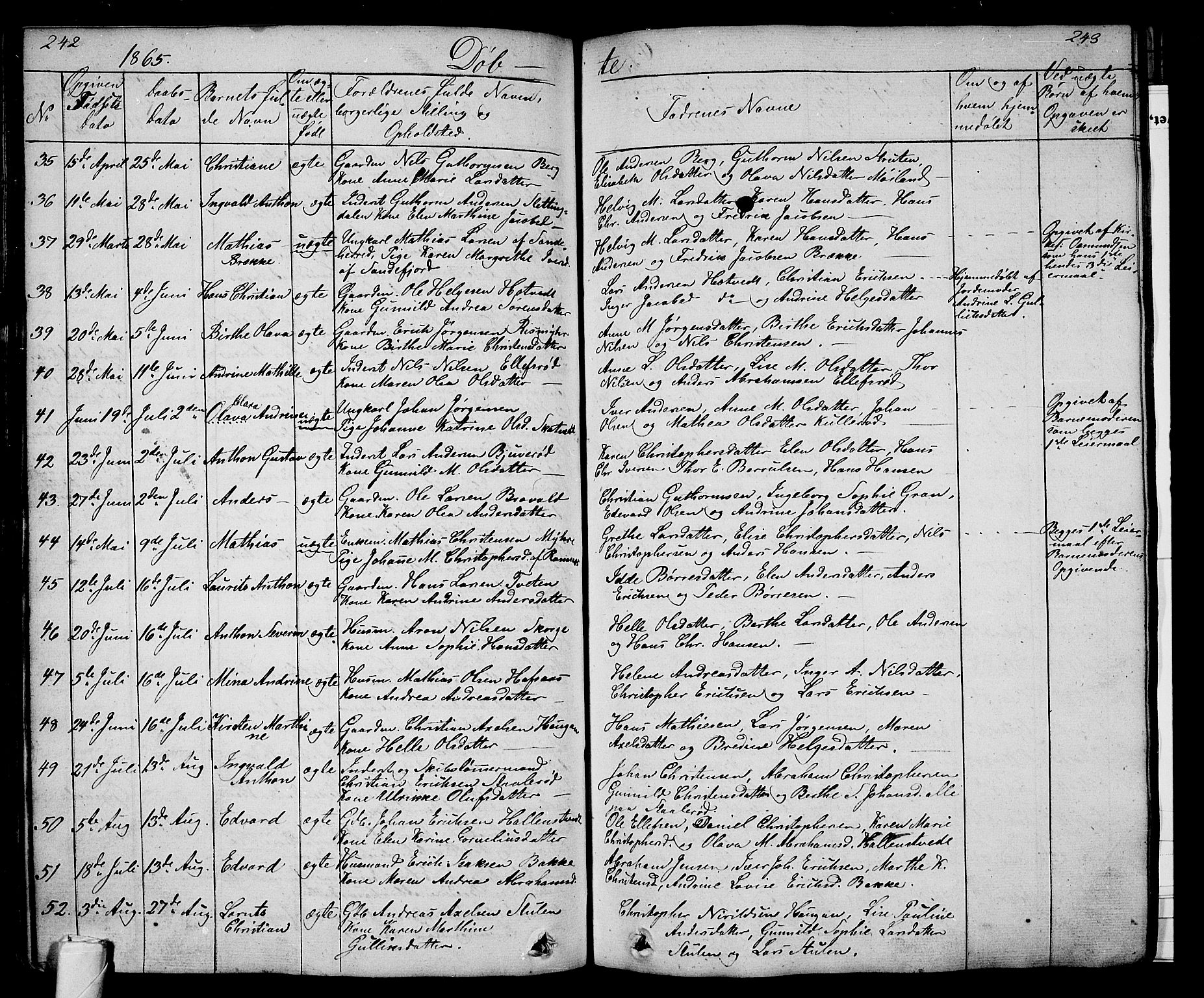 Andebu kirkebøker, AV/SAKO-A-336/G/Ga/L0003: Parish register (copy) no. I 3, 1832-1867, p. 242-243