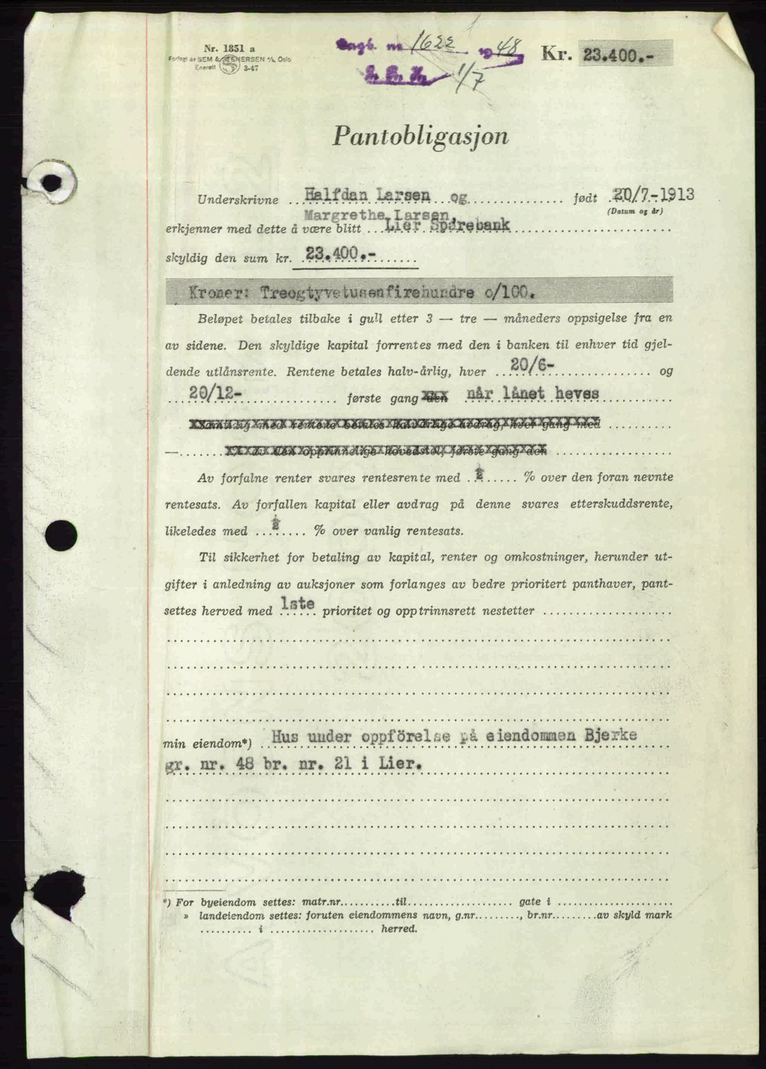 Lier, Røyken og Hurum sorenskriveri, SAKO/A-89/G/Ga/Gab/L0096: Mortgage book no. 96, 1948-1948, Diary no: : 1622/1948