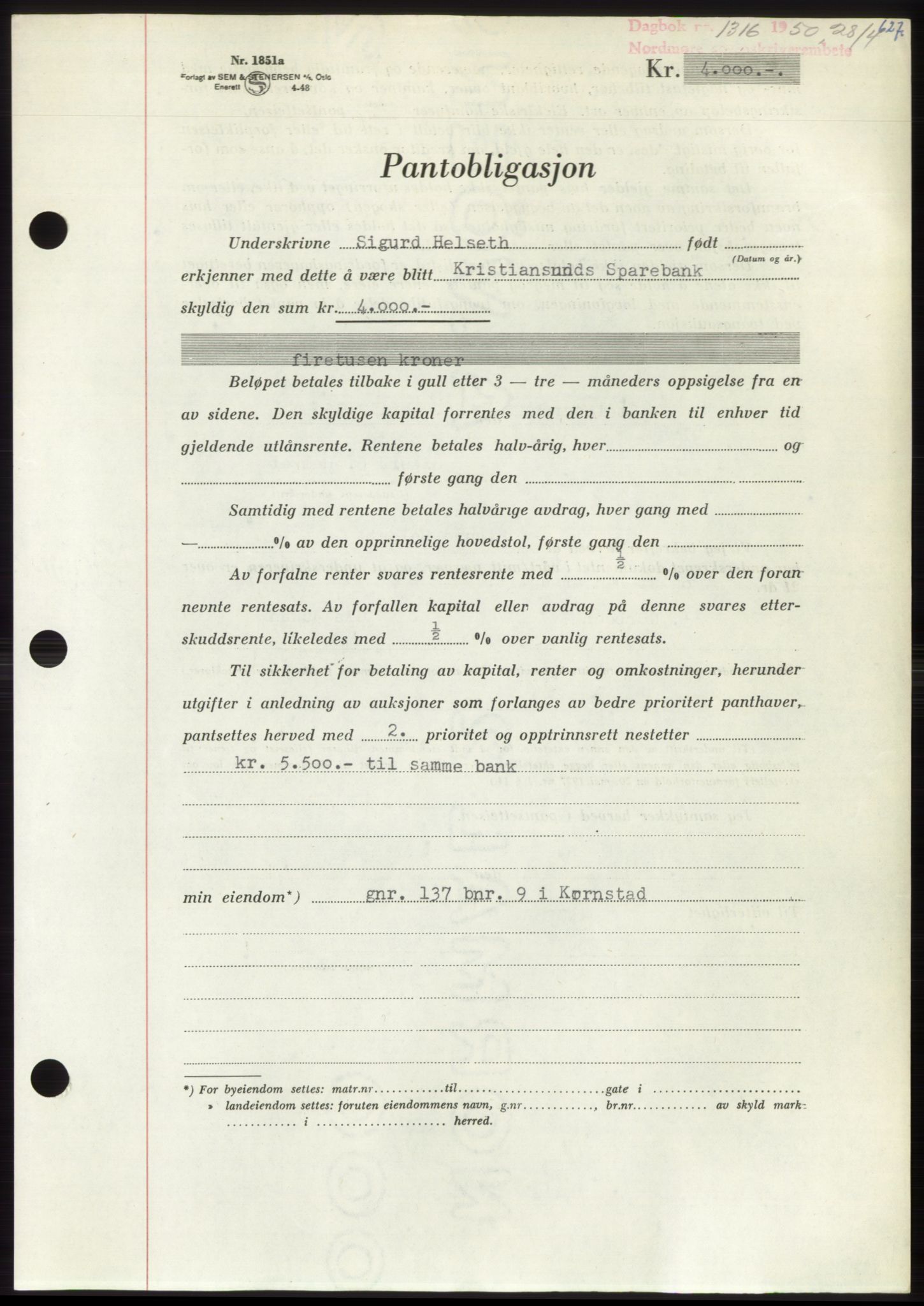 Nordmøre sorenskriveri, AV/SAT-A-4132/1/2/2Ca: Mortgage book no. B104, 1950-1950, Diary no: : 1316/1950