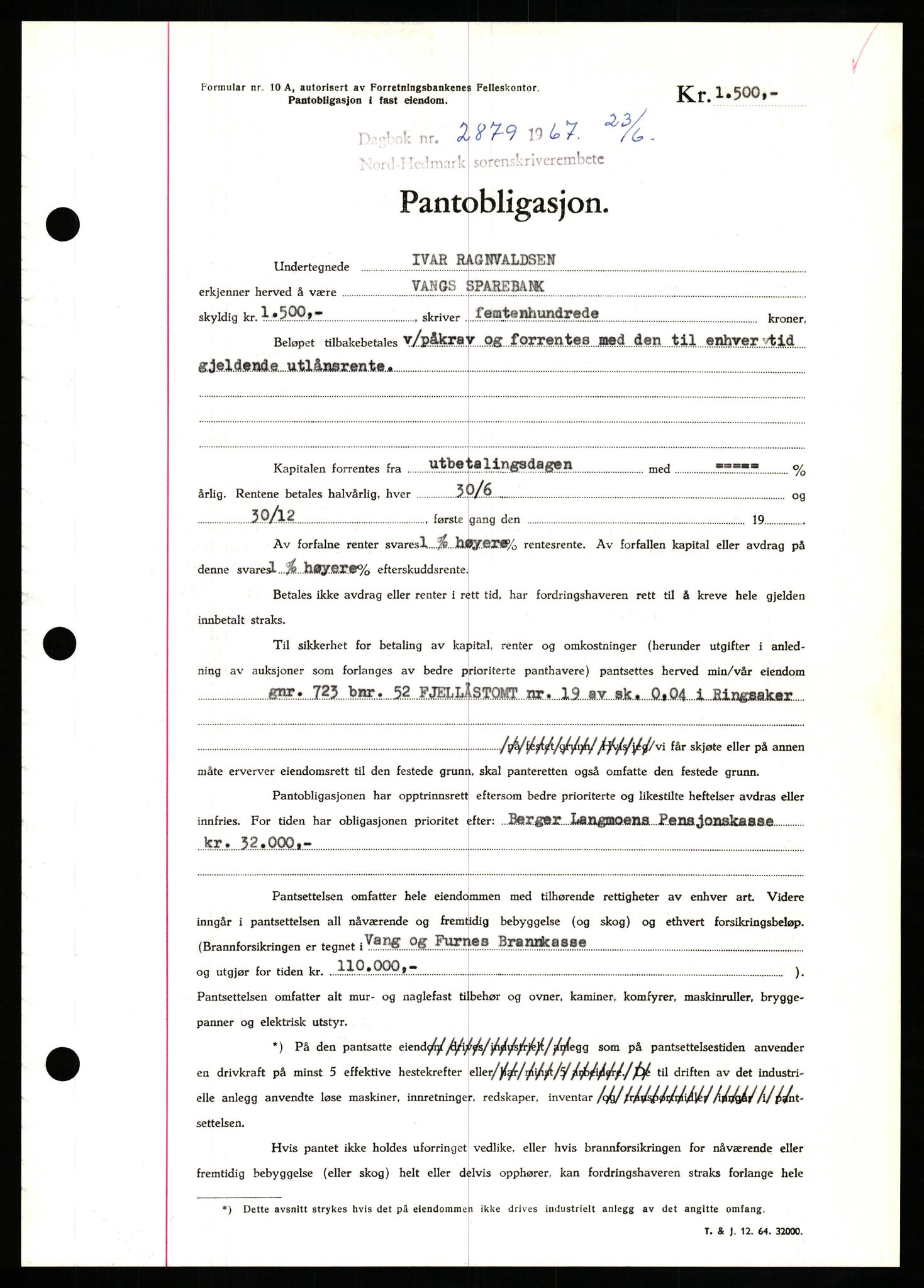 Nord-Hedmark sorenskriveri, SAH/TING-012/H/Hb/Hbf/L0071: Mortgage book no. B71, 1967-1967, Diary no: : 2879/1967