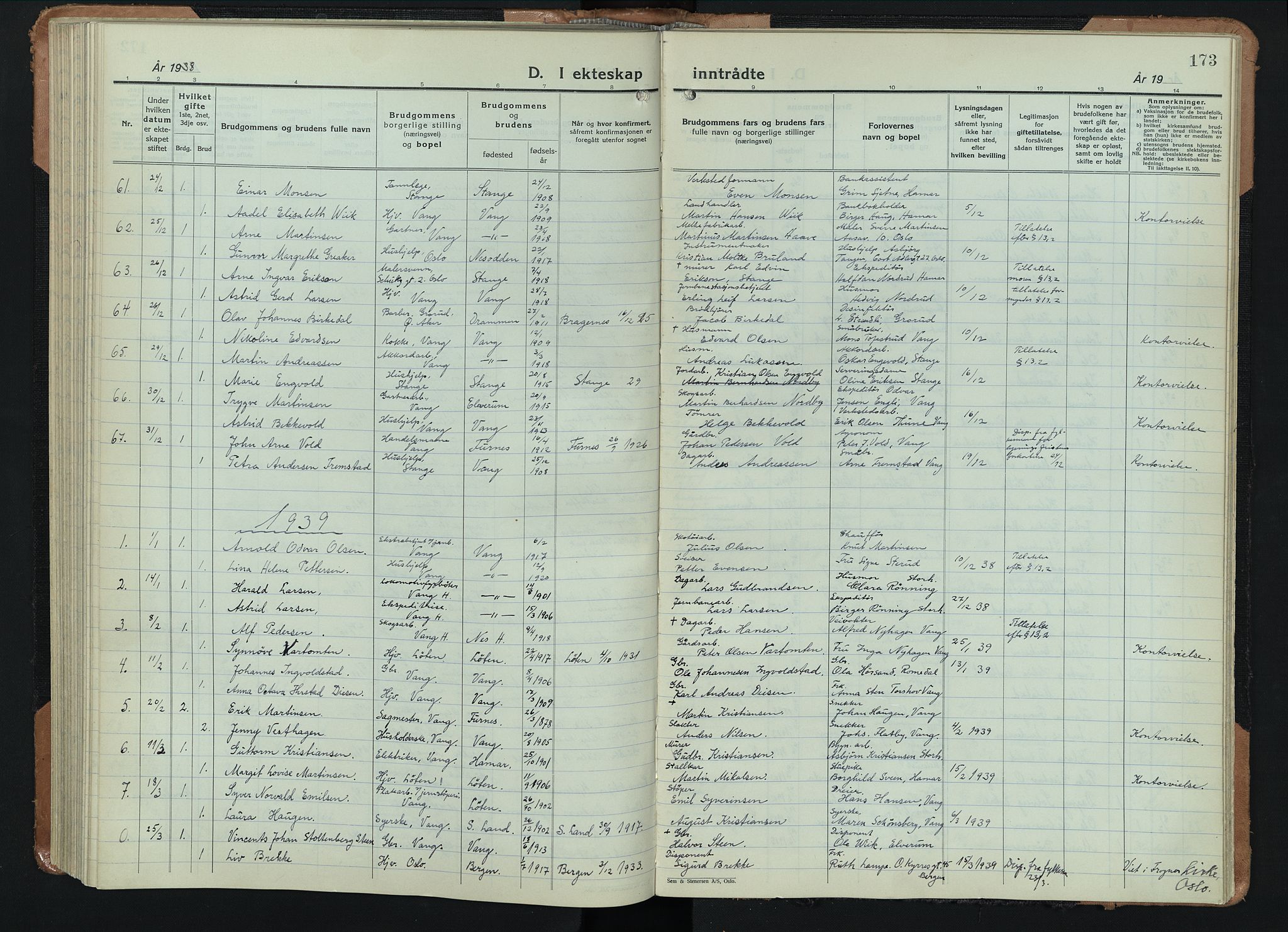 Vang prestekontor, Hedmark, SAH/PREST-008/H/Ha/Hab/L0016: Parish register (copy) no. 16, 1933-1945, p. 173