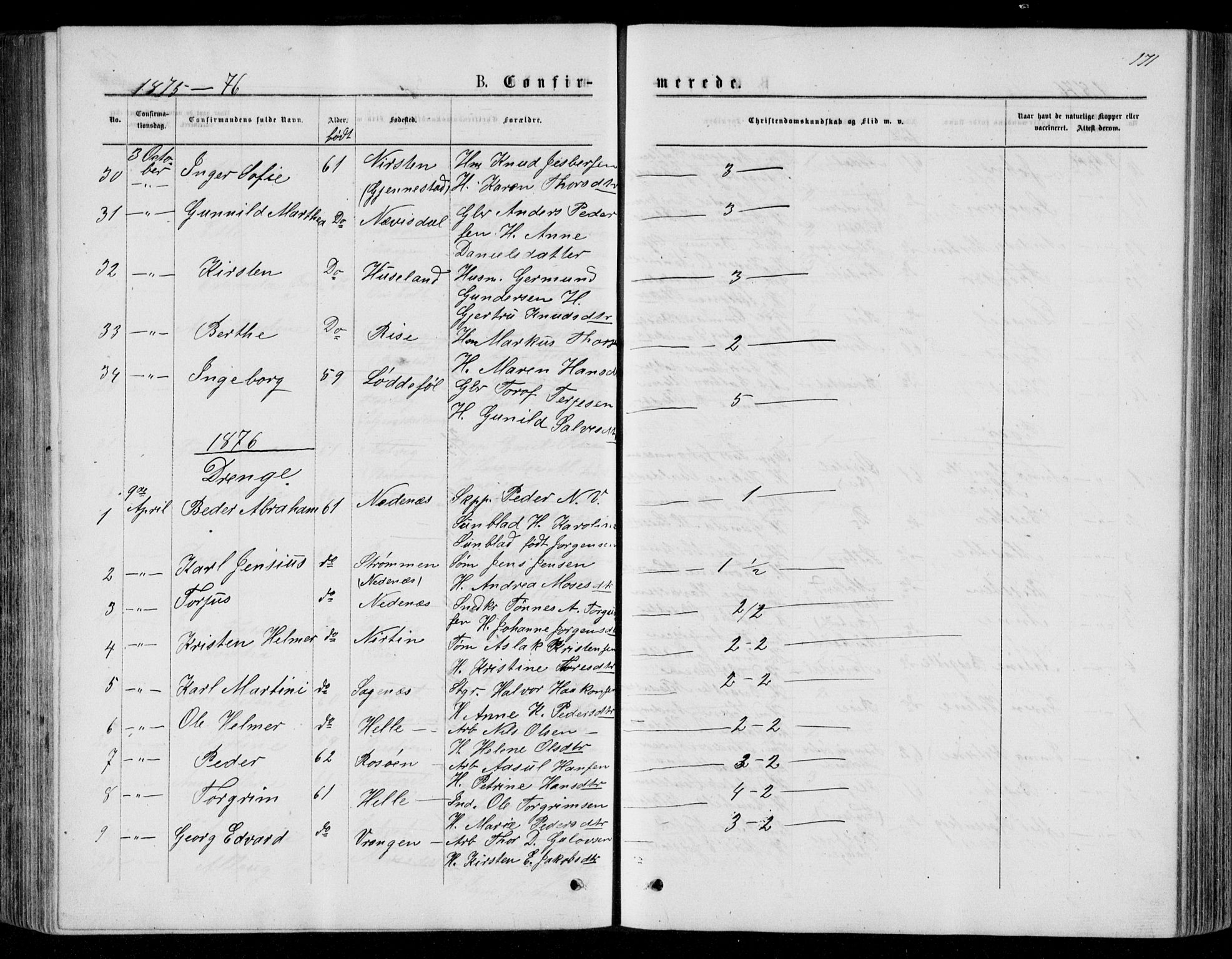 Øyestad sokneprestkontor, AV/SAK-1111-0049/F/Fb/L0008: Parish register (copy) no. B 8, 1872-1886, p. 171