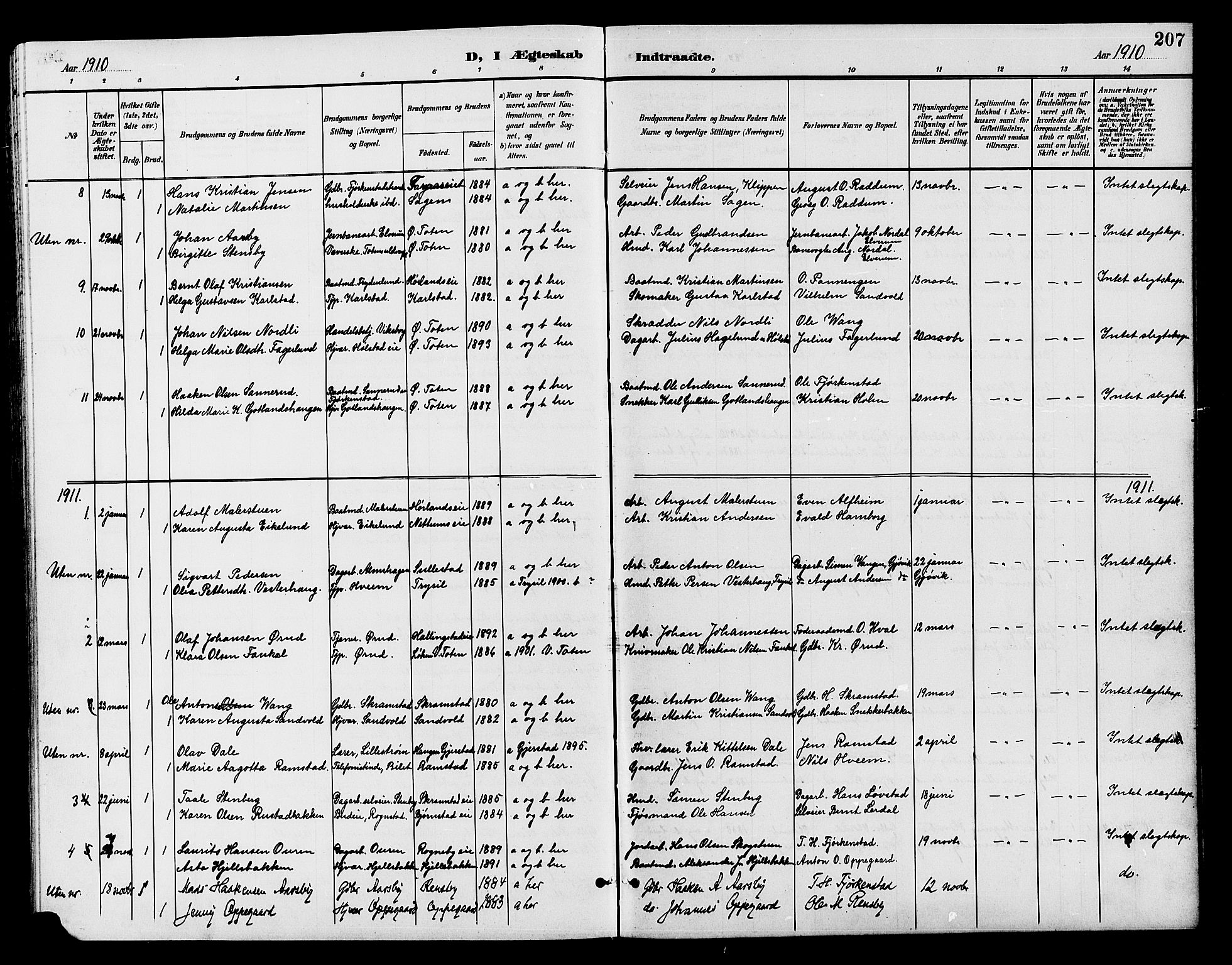 Østre Toten prestekontor, AV/SAH-PREST-104/H/Ha/Hab/L0007: Parish register (copy) no. 7, 1901-1912, p. 207