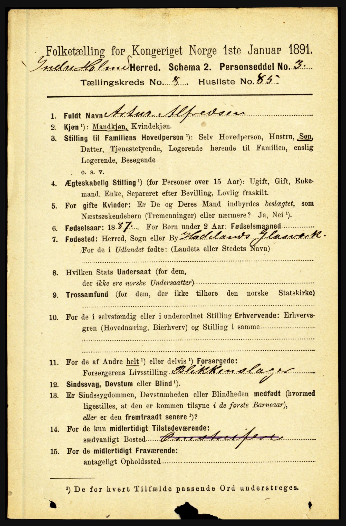 RA, 1891 census for 1430 Indre Holmedal, 1891, p. 3949